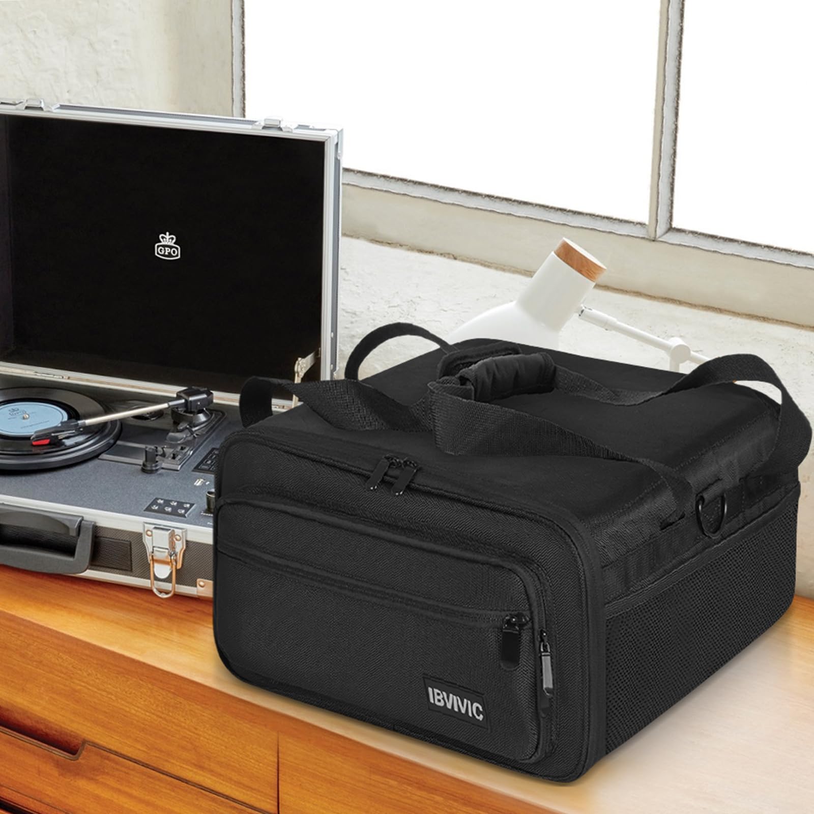 OUUTMEE Reisetragetasche für Schallplatten, tragbare Aufbewahrungstasche für Vinylalben für Reisen und Sammlung