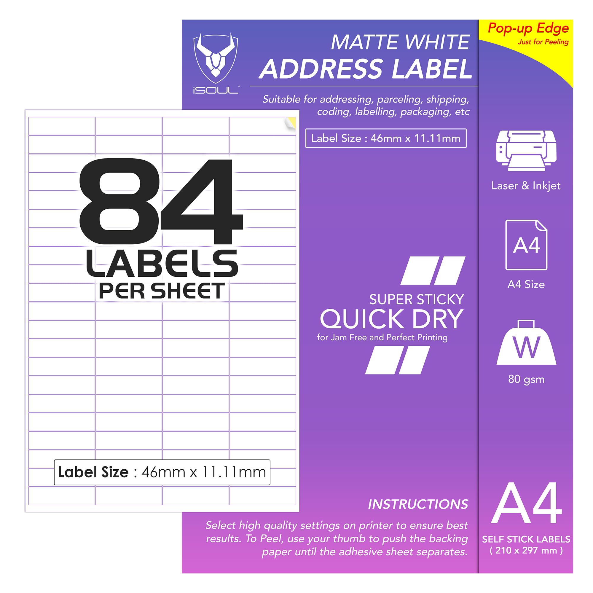 84 Labels Per A4 Sheet, 50 Sheets 4200 Sticky Label, Printable Sticker Paper, iSOUL Matte Self Adhesive Address Mailing, Shipping, Postage, Laser & Inkjet Printer Compatible [QuickDry]