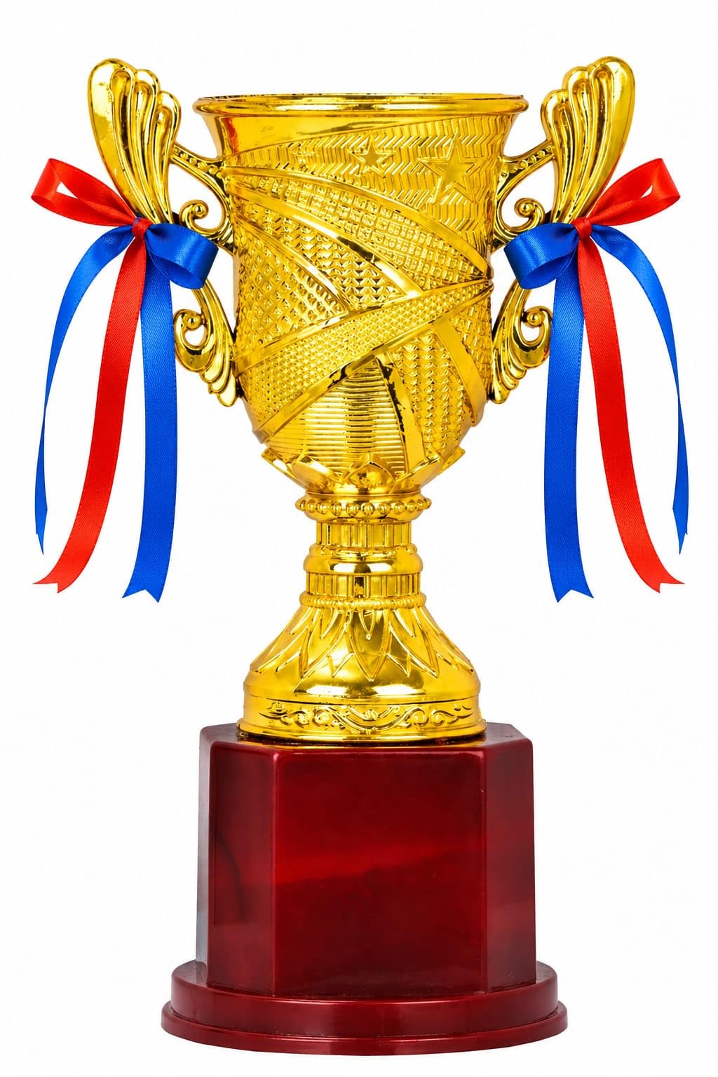Premium Gold Trophy Cup - 7 Inch Engraved Metal Trophy with Red & Blue Ribbons, Custom Name Plate, Wooden Base - Award for Winners, Sports, Corporate & Achievement Ceremonies | PREMIUM QUALITY, ELEGANT ENGRAVED DESIGN,DECORATIVE SATIN RIBBONS-picture-15