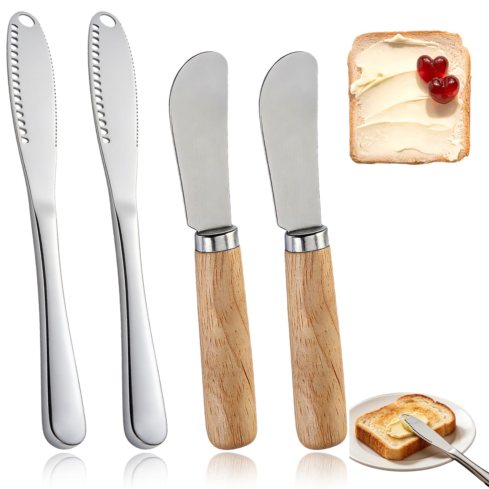 xoqoiuo 4 Pcs Butter Knives Set, 2 Butter Knife Spreader 2 Wood Cheese Knives, Cheese Knife Set Kitchen Hacks Gadgets Butters Churner, Cheeses Knive Cheeses Knive Sets for Sandwich and Toast