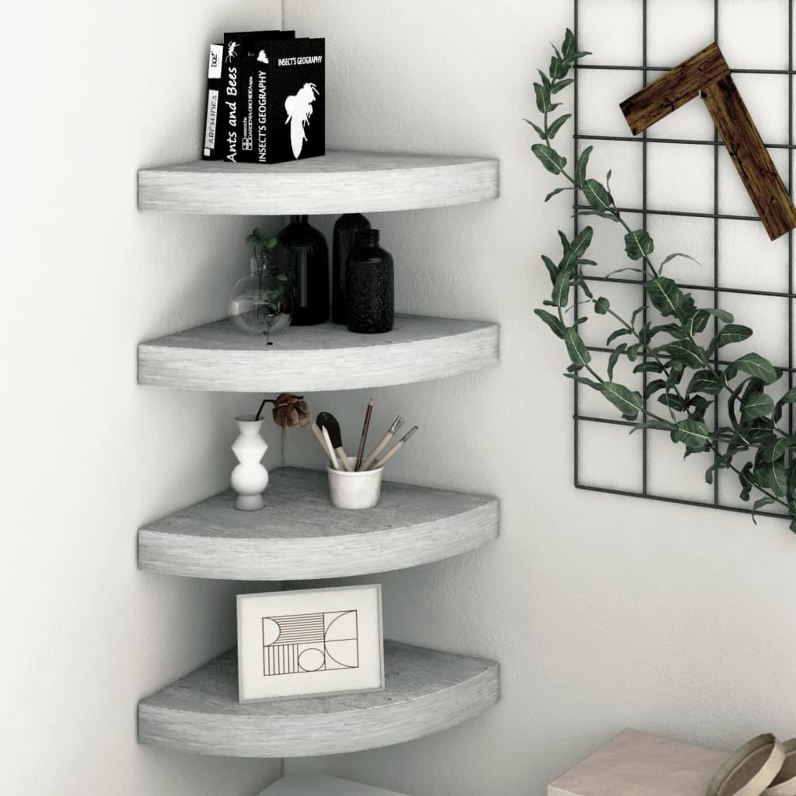 CIADAZ Eck-Wandregal 4 STK. Betongrau 25x25x3,8 cm MDF, Schweberegal, Regal Wand, Bücherregal, Hängeregal, Regalbrett, Küchenregal, Kinderzimmer Regal, Wandboard Küche, Haushalt & Wohnen