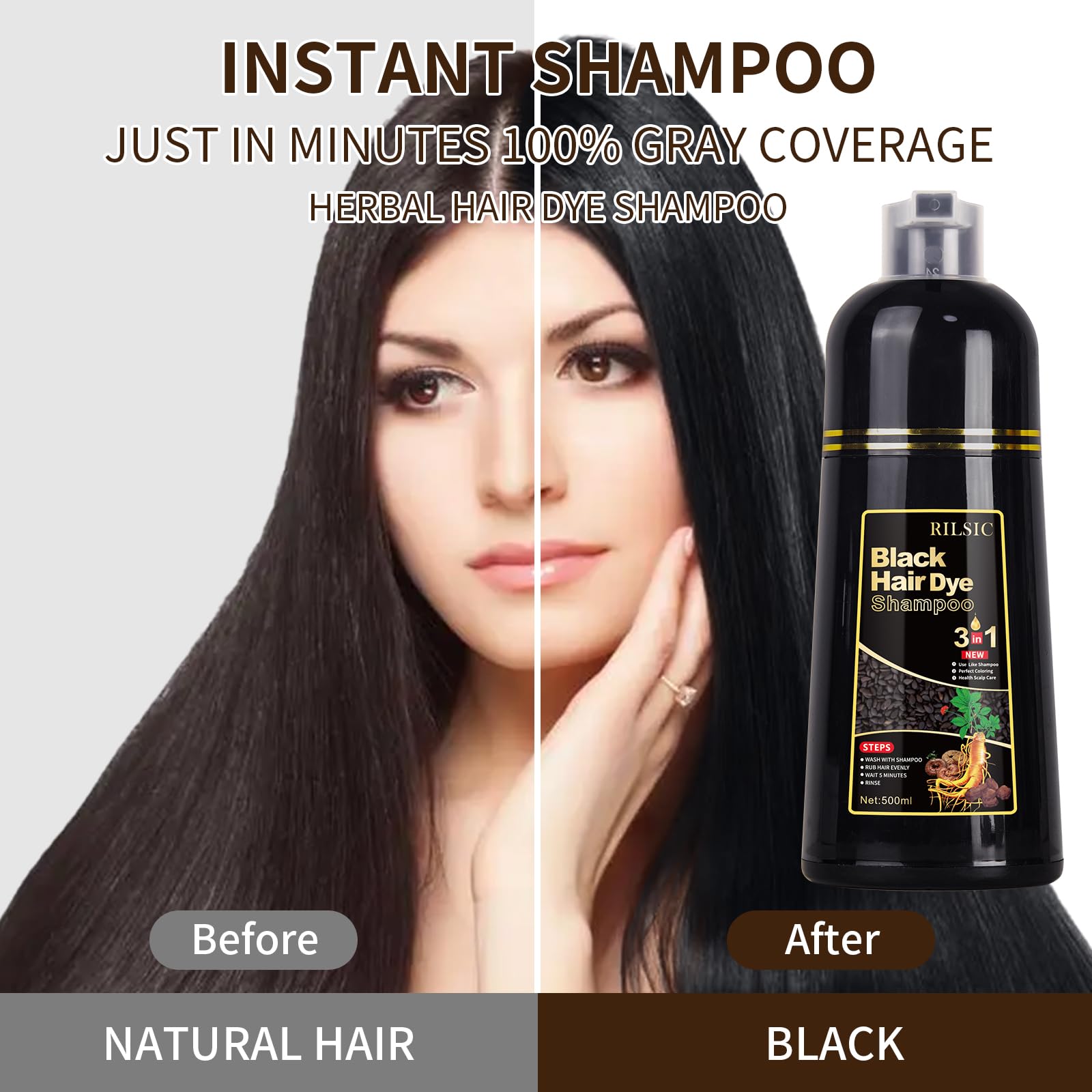 Shampoo Capelli Nero per Capelli Grigi, 500 ml Black Hair Dye 3 in 1, Colore Naturale, Shampoo Capelli Colorante Bianchi Istantaneo, Tintura per Capelli per Uomini Donne (Nero)
