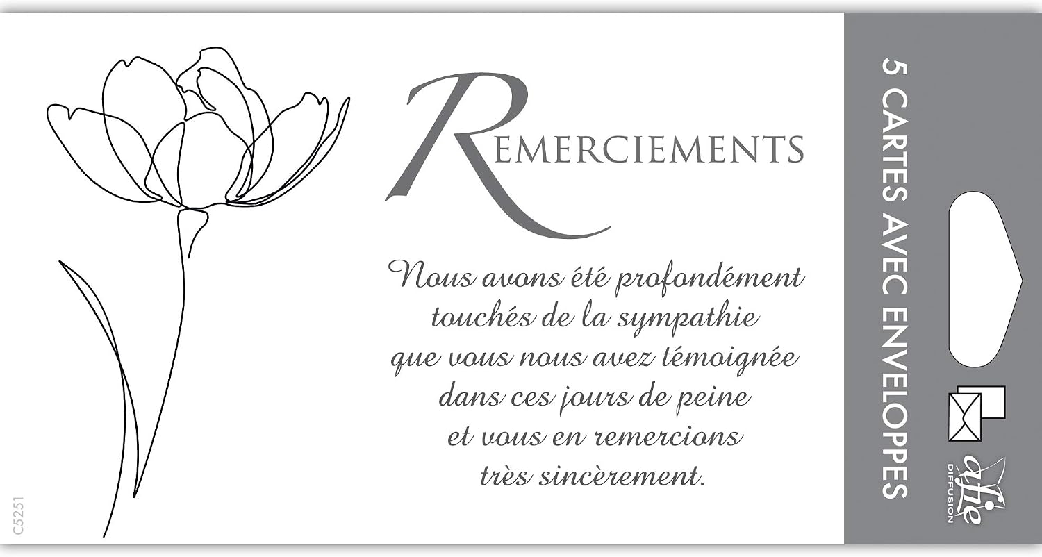 Afie Condolences Condolences Set of 5 Identical Cards + 5 White Envelopes Size 9 x 14 cm C5251 Text Sympathy Witnessed Punishment Funeral Death Mourning Flower Tulip Grey Pouch Made in France