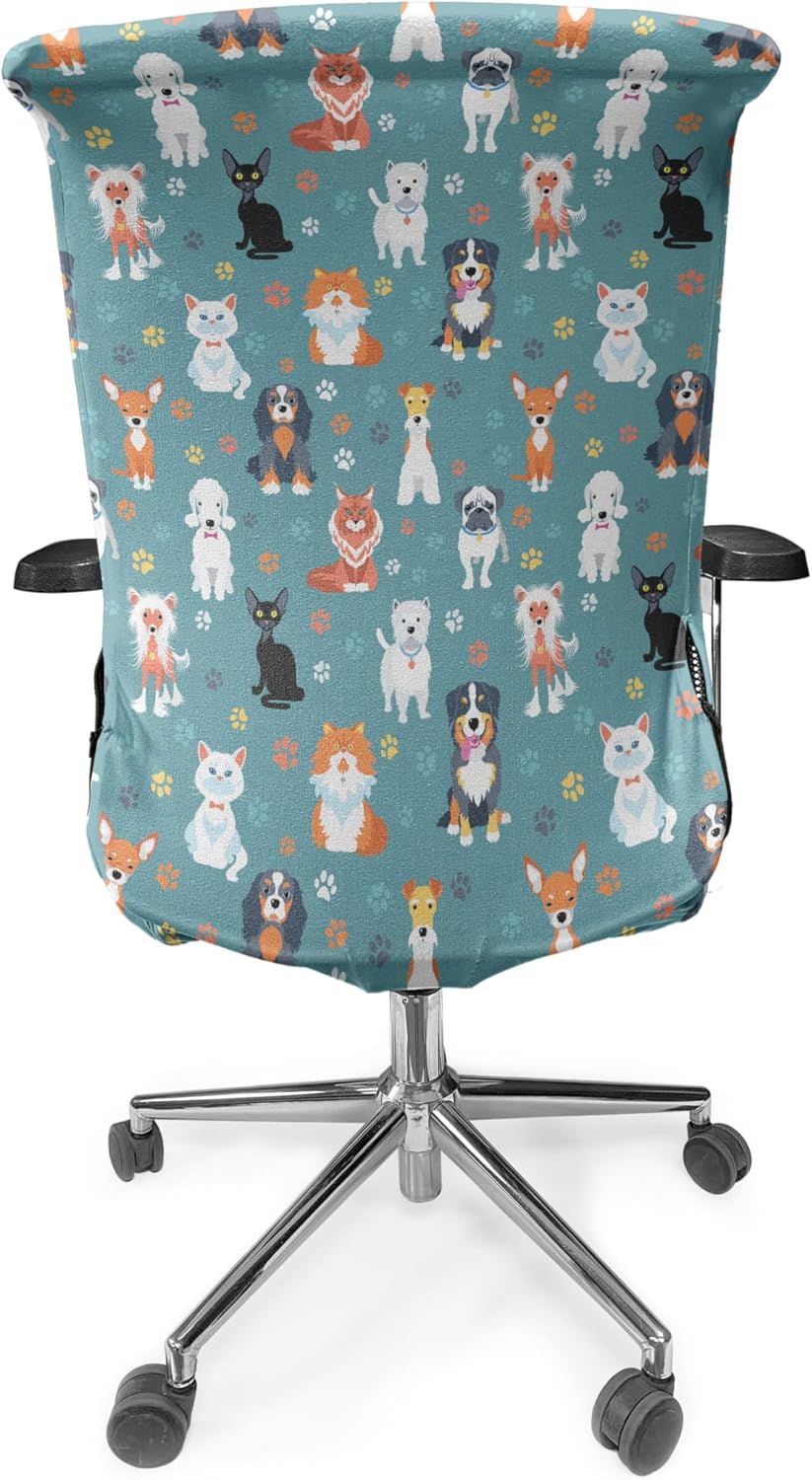Ambesonne Animal Print Office Chair Cover, Pet Lover Pattern Different Species of Cats and Dog Colorful Paw Prints, Stretchable Decorative Universal Size High Back Printed Slipcover, Multicolor