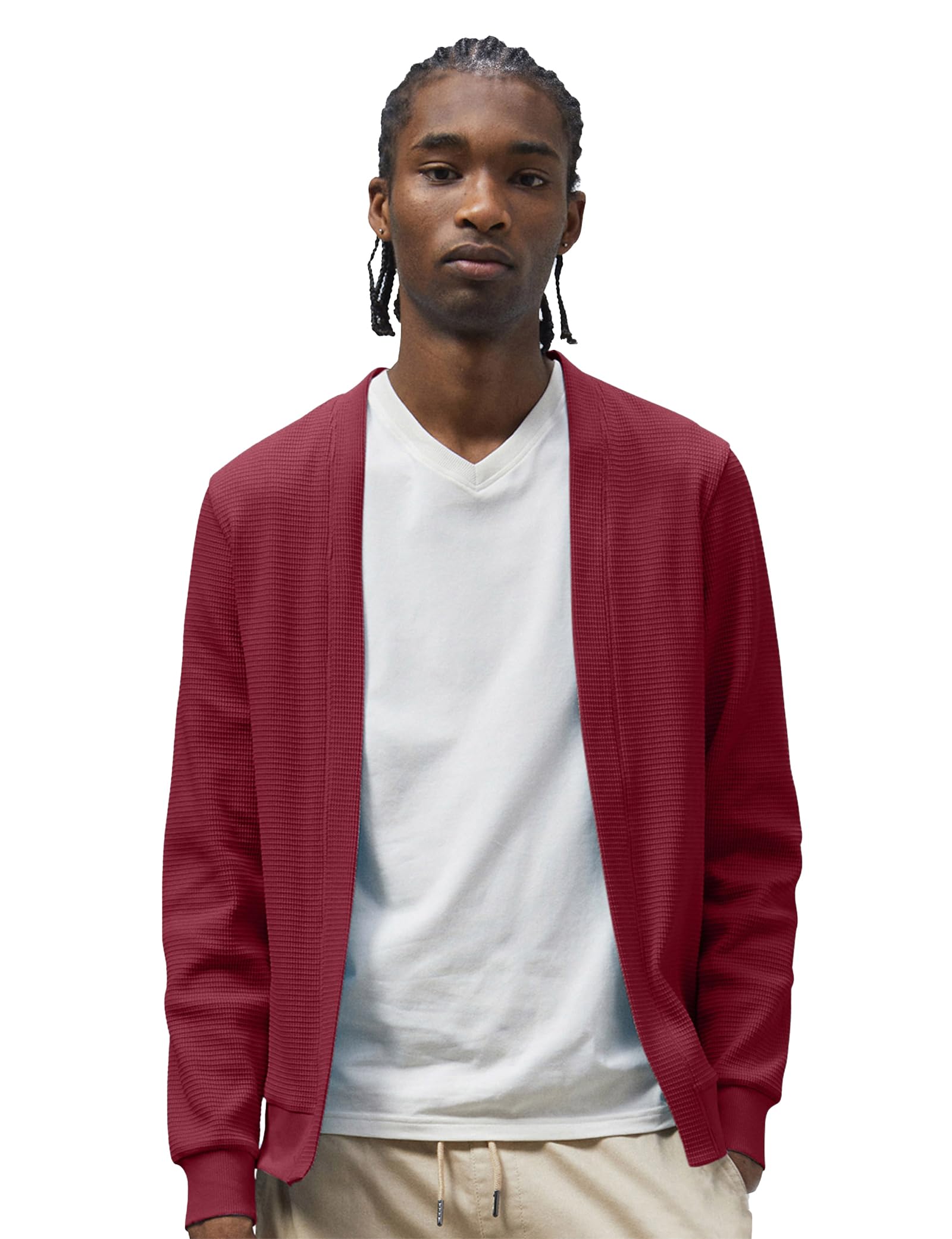 Enorsia Mens Waffle Knit Cardigan Open Front Lightweight Cardigan for Men with Ribbed Cuffs Soft Stretch Fabric Regular Fit Mens Cardigans Layering Knitwear Casual Outing Wear - Red, UK XL