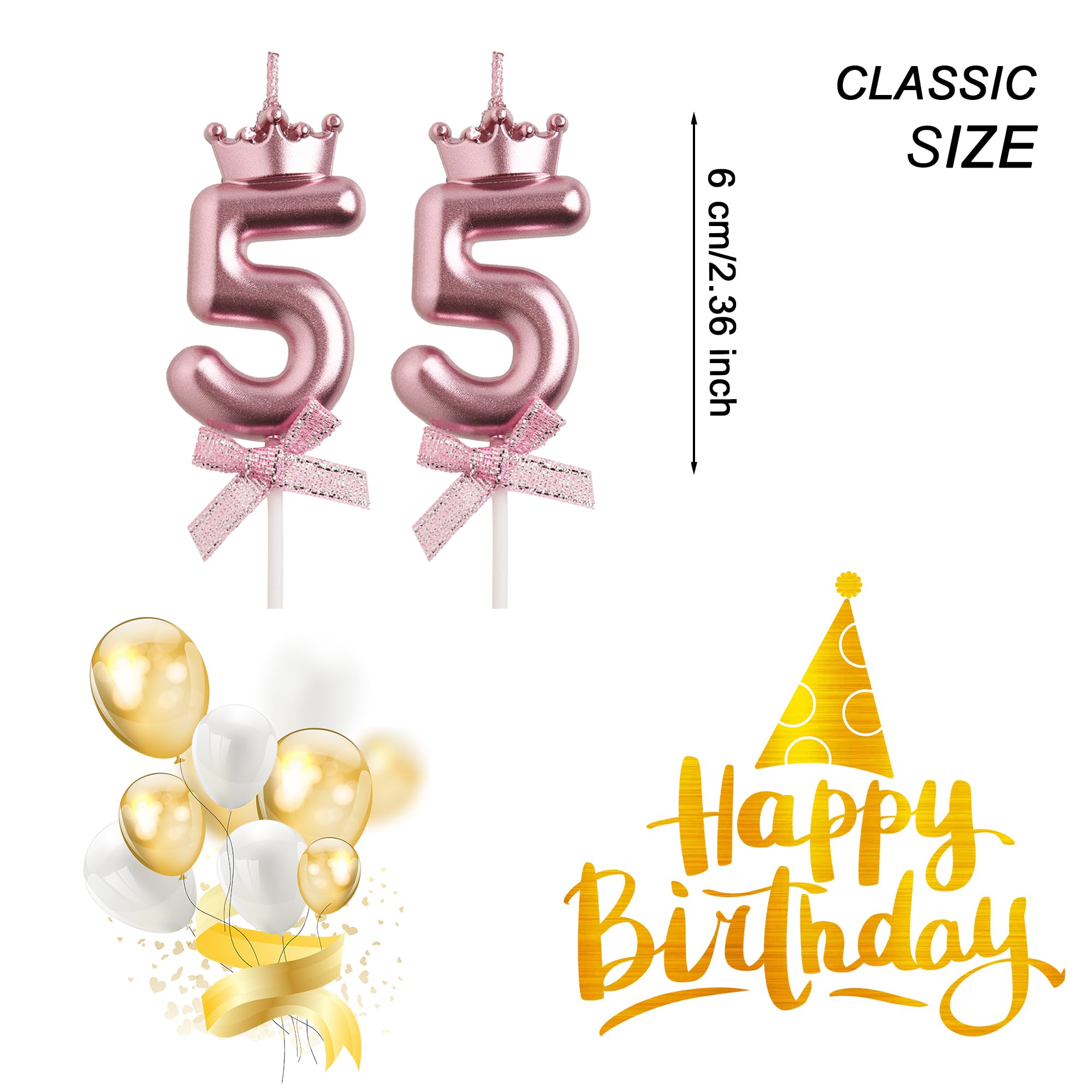 Velas de cumpleaños 55, velas de cumpleaños de oro rosa con números de 55 años, decoraciones de fiesta de cumpleaños para hombres y mujeres