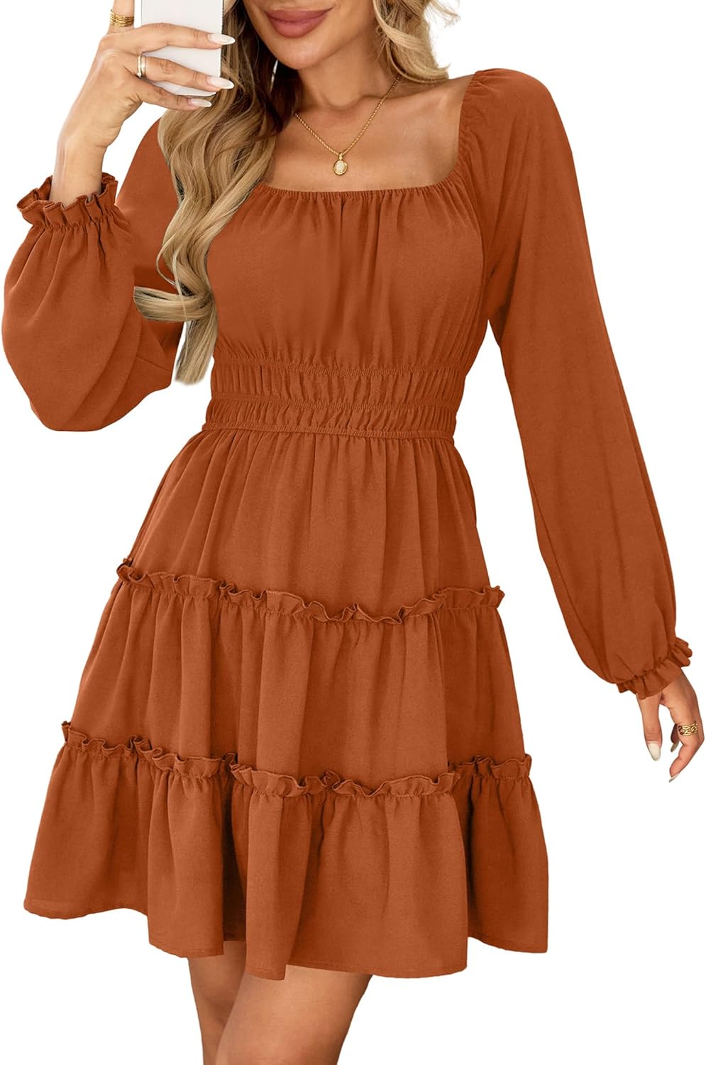 Amoretu Women’s Square Neck Long Sleeve Dress Tiered Ruffle A-Line Flowy Mini Dresses with Pockets