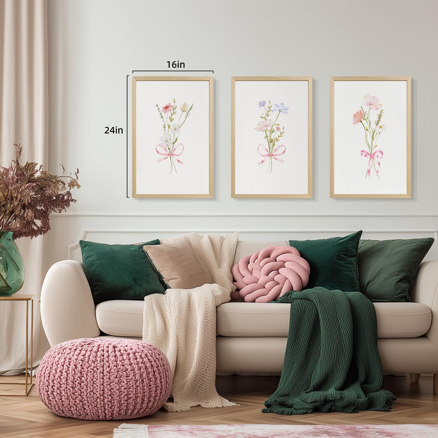 Msziryn Wood Framed Pink Floral Wall Art Set of 3, Coquette Bow Botanical Poster Print, Soft Pastel Wildflower Decor, Minimalist Cottagecore Flower Artwork for Bedroom Bathroom Nursery 12x16 Inch