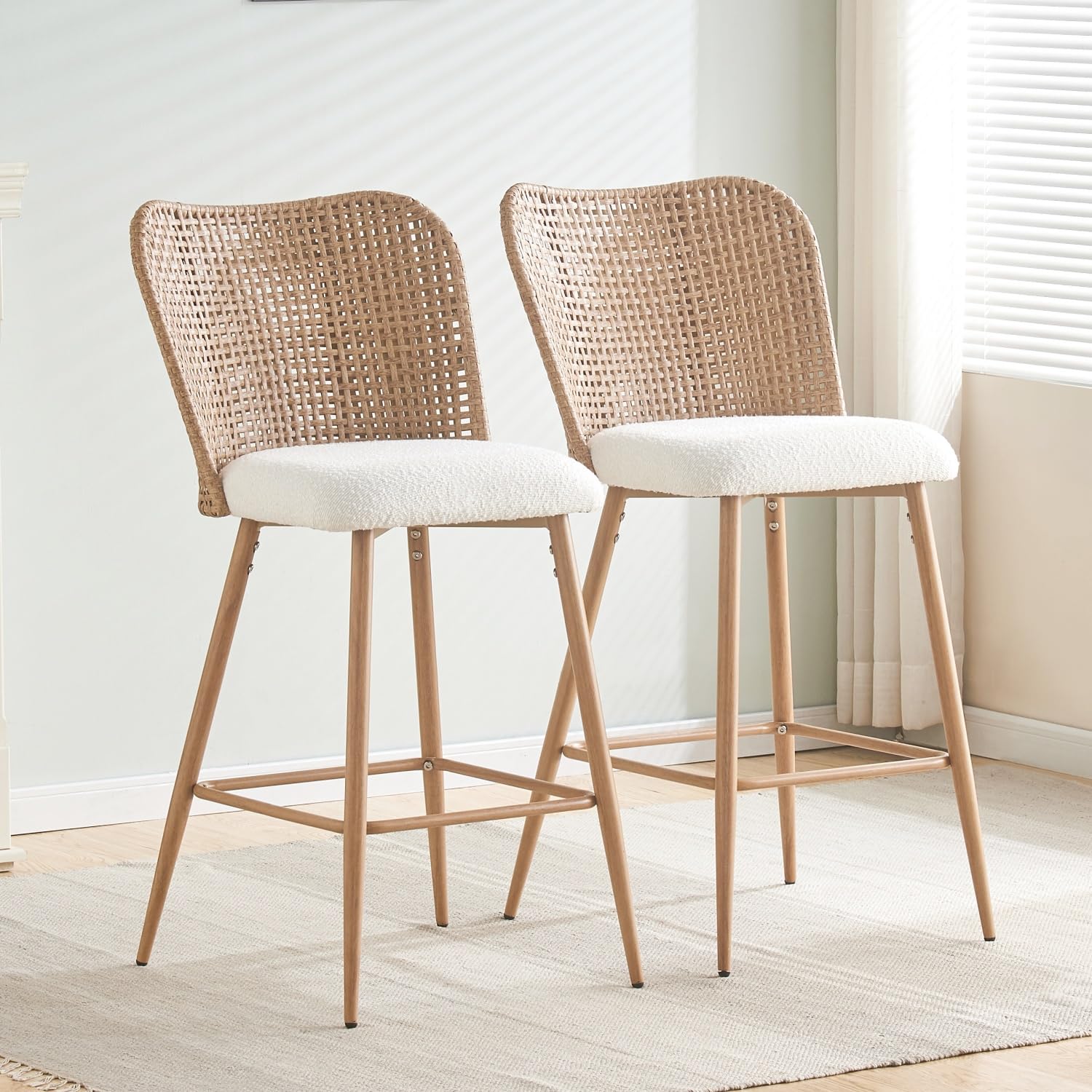 YLKHOME Modern Rattan Bar Stools, 26'' Counter Height Stools,Upholstered Boucle Kitchen Chairs with PE Rattan Back Metal Legs,Mid-Century Pastoral