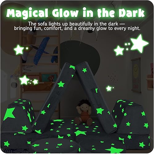 Miniatura 99 de MeMoreCool Sofá modular para niños de 1 a 3 años, 8 piezas de dinosaurio que brilla en la oscuridad, sofá de espuma para niños, juego convertible