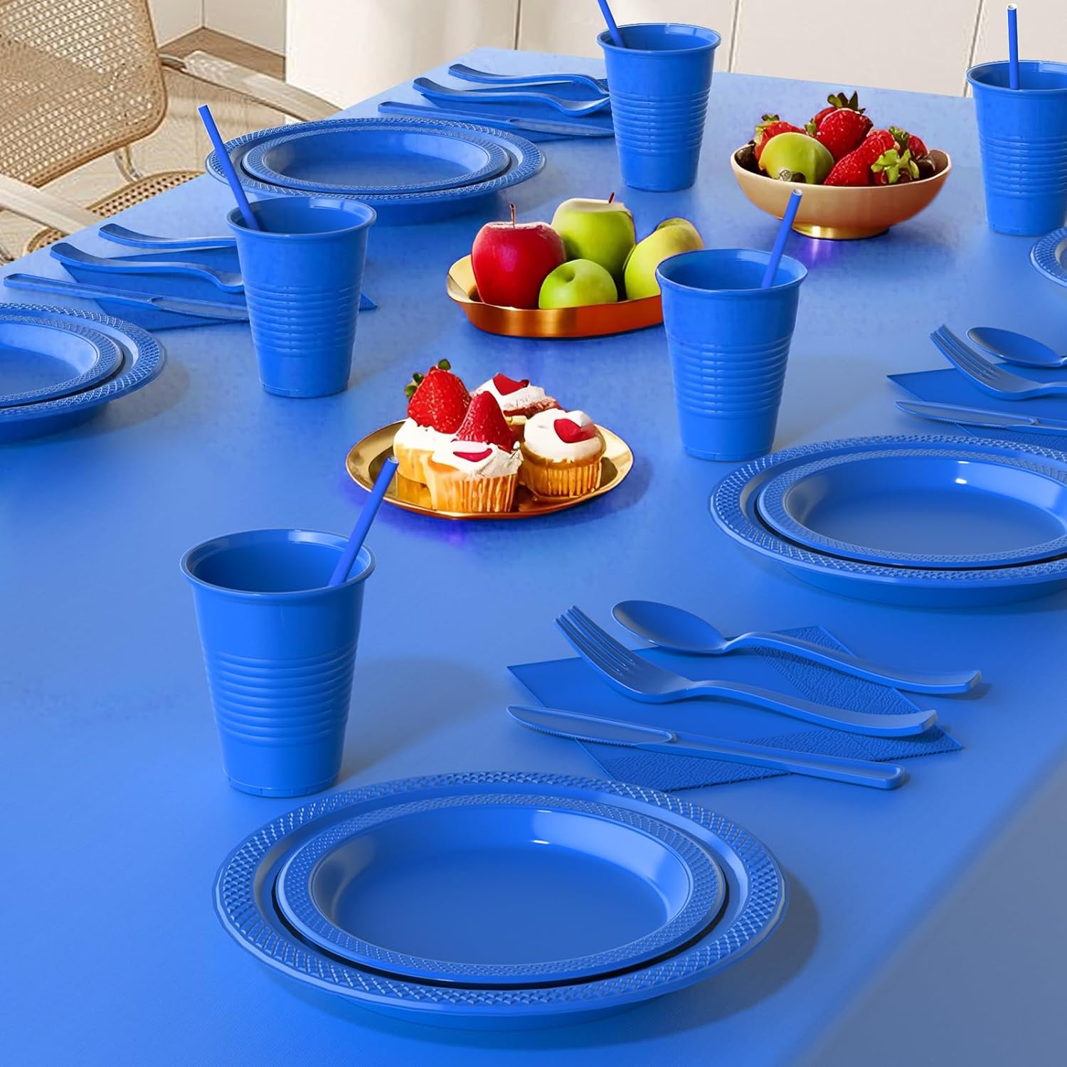 404 Pieces Disposable Plastic Dinnerware Set, Plastic Cutlery Set Includes 50 Of Each Dinner Plates|Dessert Plates|Cups|Napkins|Straws|Spoons, Forks & Knives (Blue, 404PCS（50 Guests）)