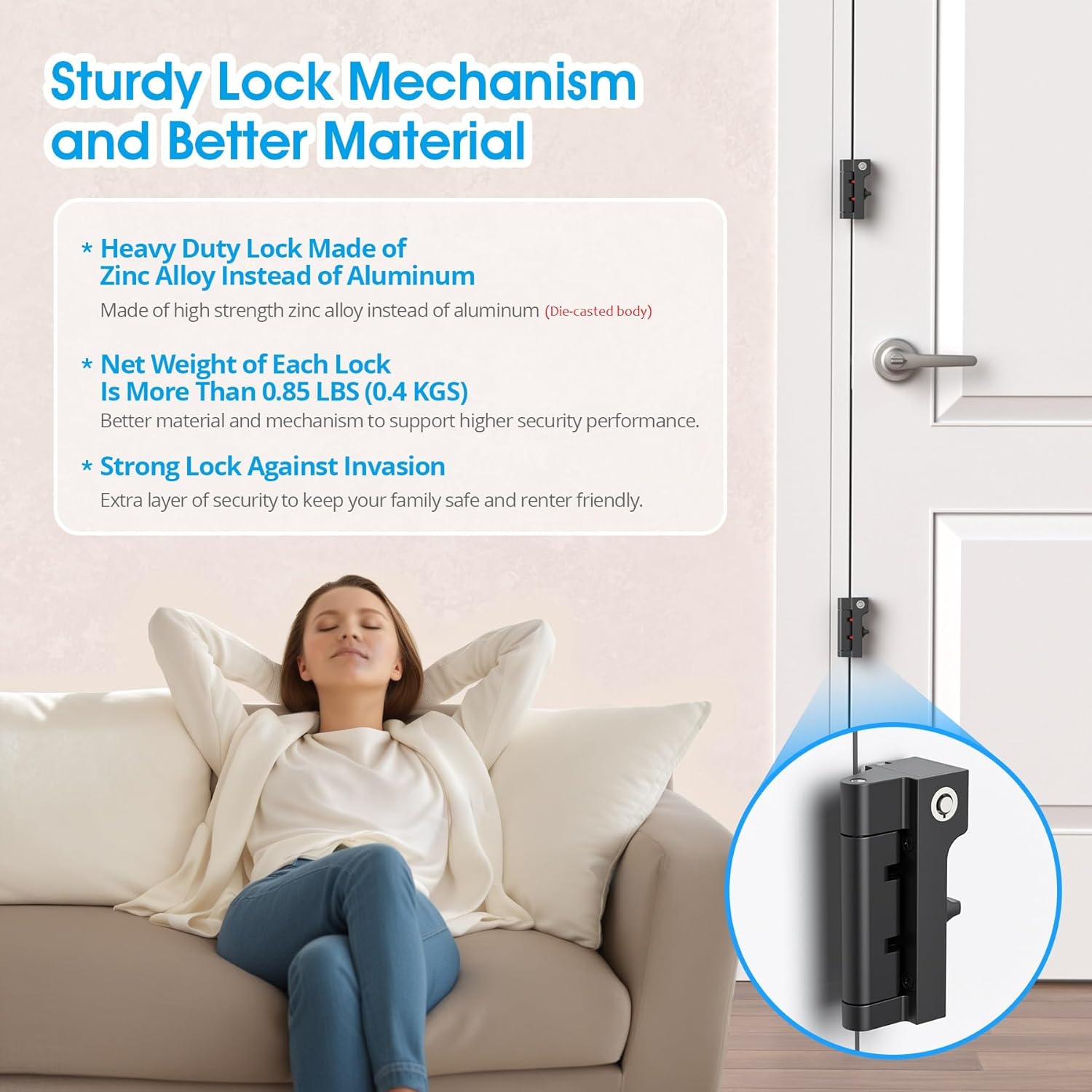 AST Home Security Door Reinforcement Lock, 1 Pack, Indoor Use, Childproof Door Lock, Toddler Proof Security Latch, Kidproof Door Stopper with Cylinder and Snib, Made of Zinc Alloy (Matte Black)