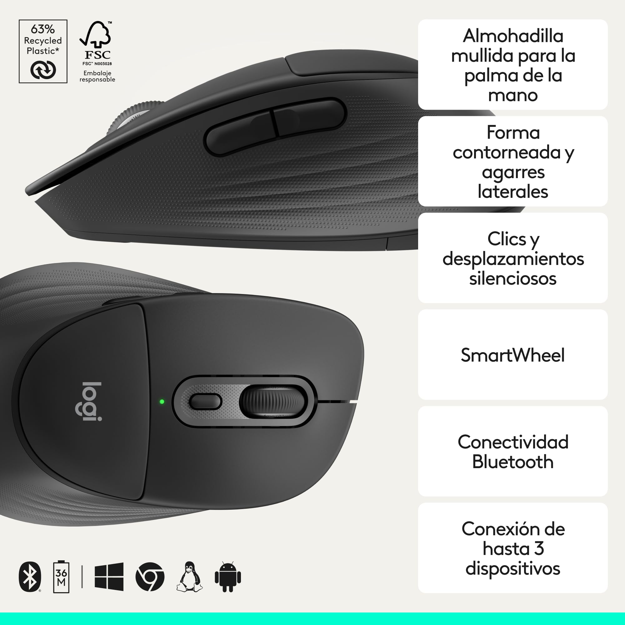 Logitech Signature Comfort Plus M850 L, ratón inalámbrico, ratón Bluetooth con Almohadilla para la Palma, clics discretos, autonomía de 24 Meses, Botones Personalizables, Windows, Mac y iPad - Negro