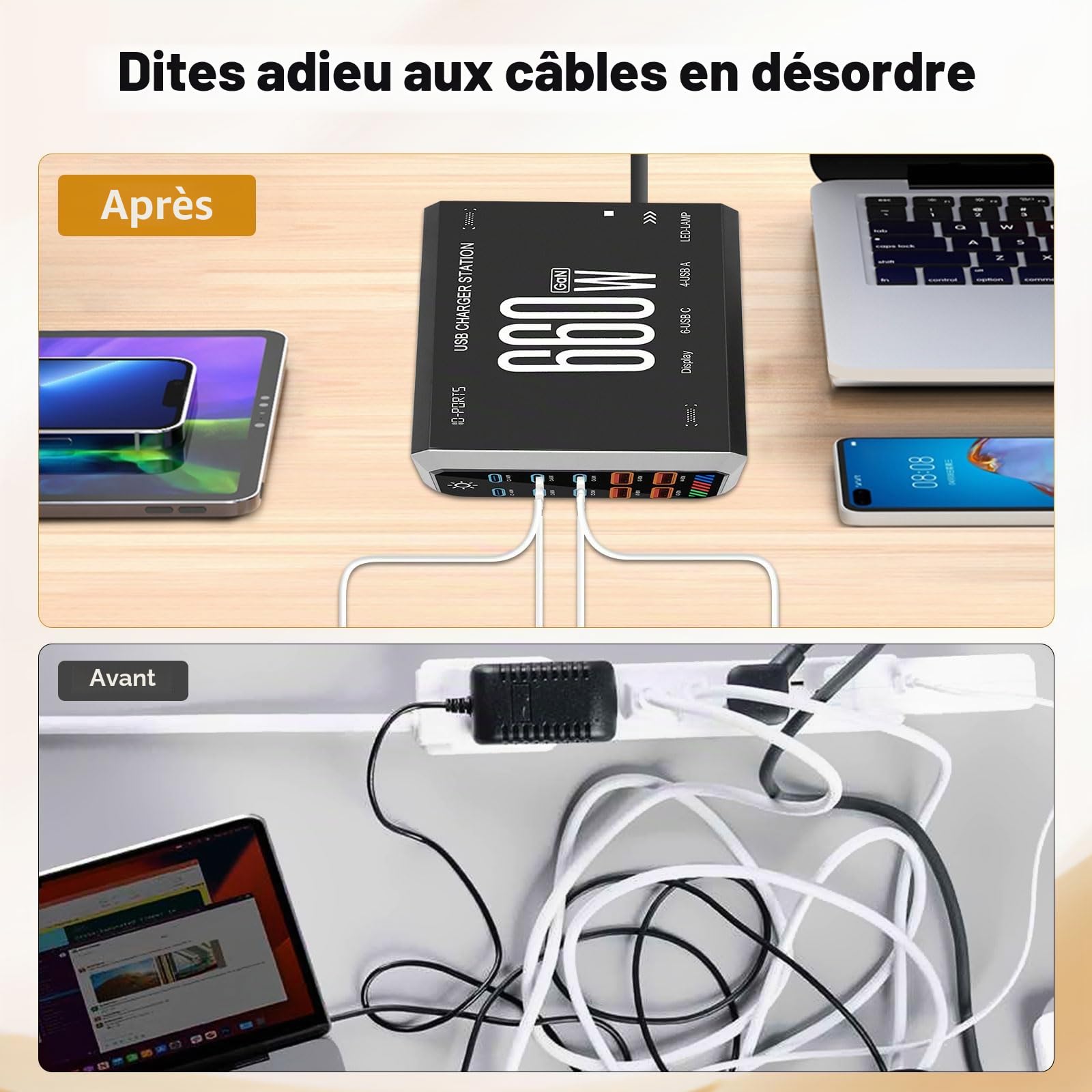 660W Station de Charge - Chargeur Rapide à 10 Ports avec 6 Ports USB C + 4 Ports USB A, Caricatore USB Multiplo Compatible avec MacBook, iPad, iPhone séries 16/15/14, Galaxy S22/ S20, Dell, HP