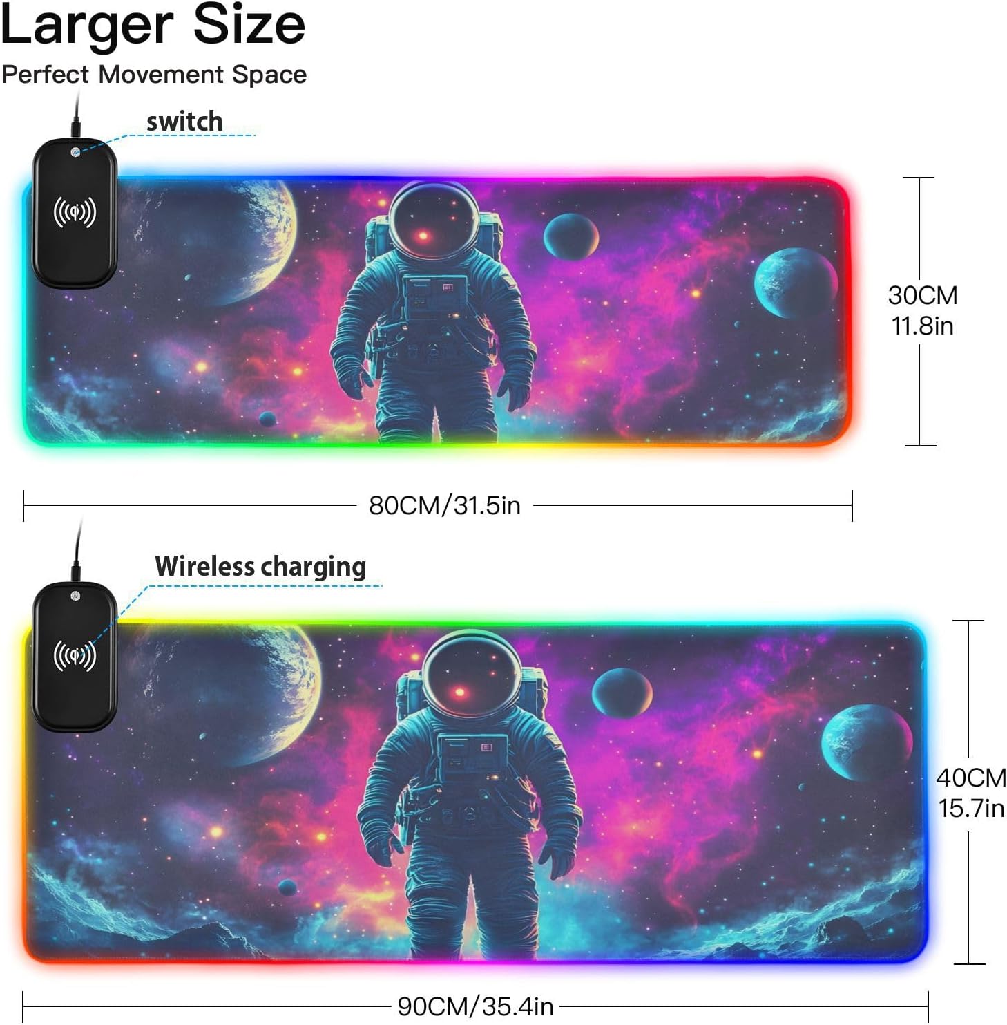 AIXIWAWA Astronaut Galaxy Wireless Charging Mouse Pad 15 W RGB Glowing Fabric Mouse Mat Large Oversized Gaming Keyboard Pad for Desk Medium