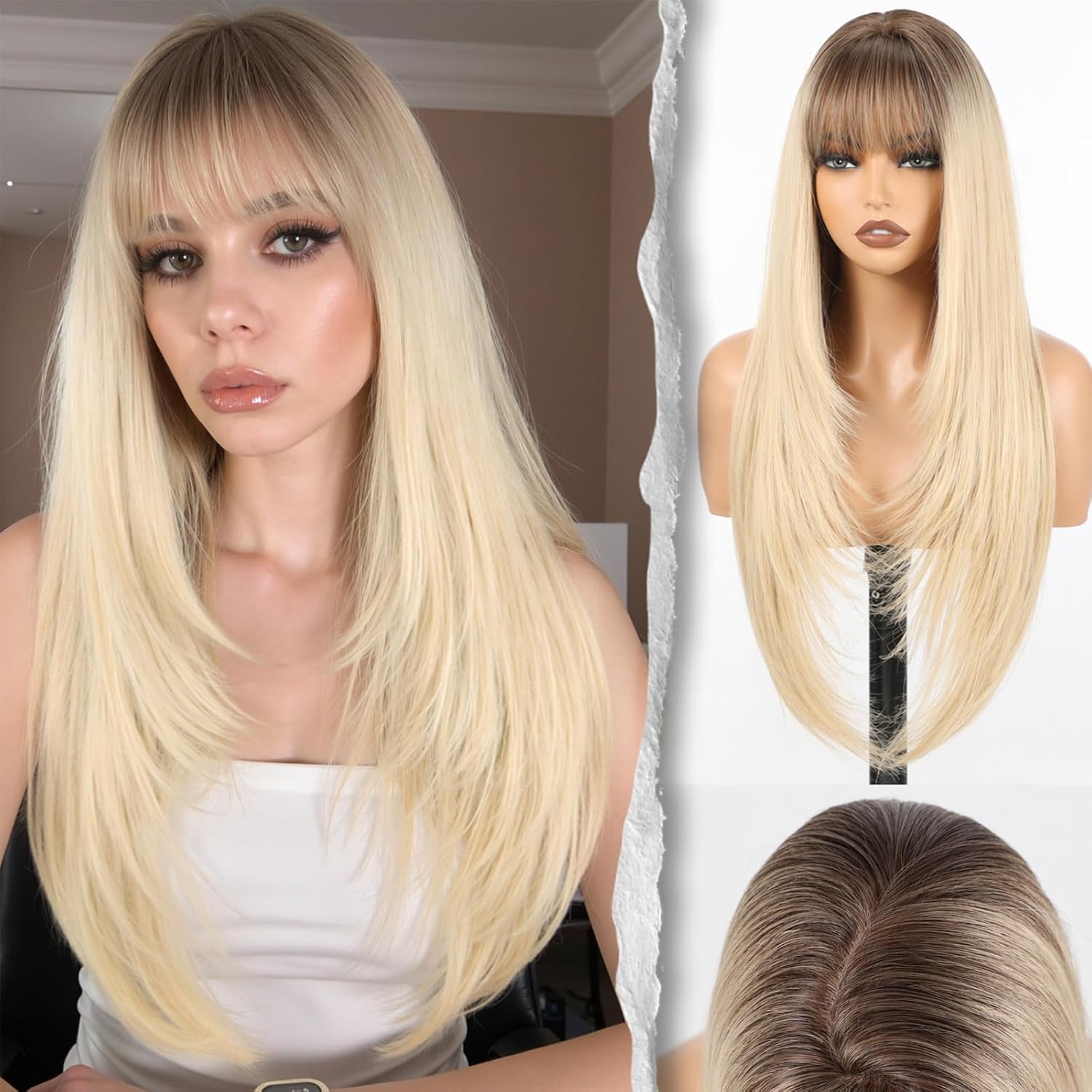Sunset Blonde Ombre Wig With Bangs Long Straight PuffPro Voluminous High Crown Wigs for Women,4x4'' Parting Realistic Scalp,Mob Wife Aesthetic/Clean Girl/Office Siren/Old Money Styles