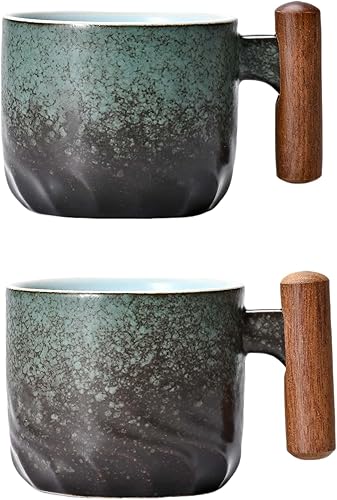 Miniatura 7 de Zurucily Juego de 2 tazas de café expreso de cerámica de 2 onzas con mango de madera, tazas de té pequeñas