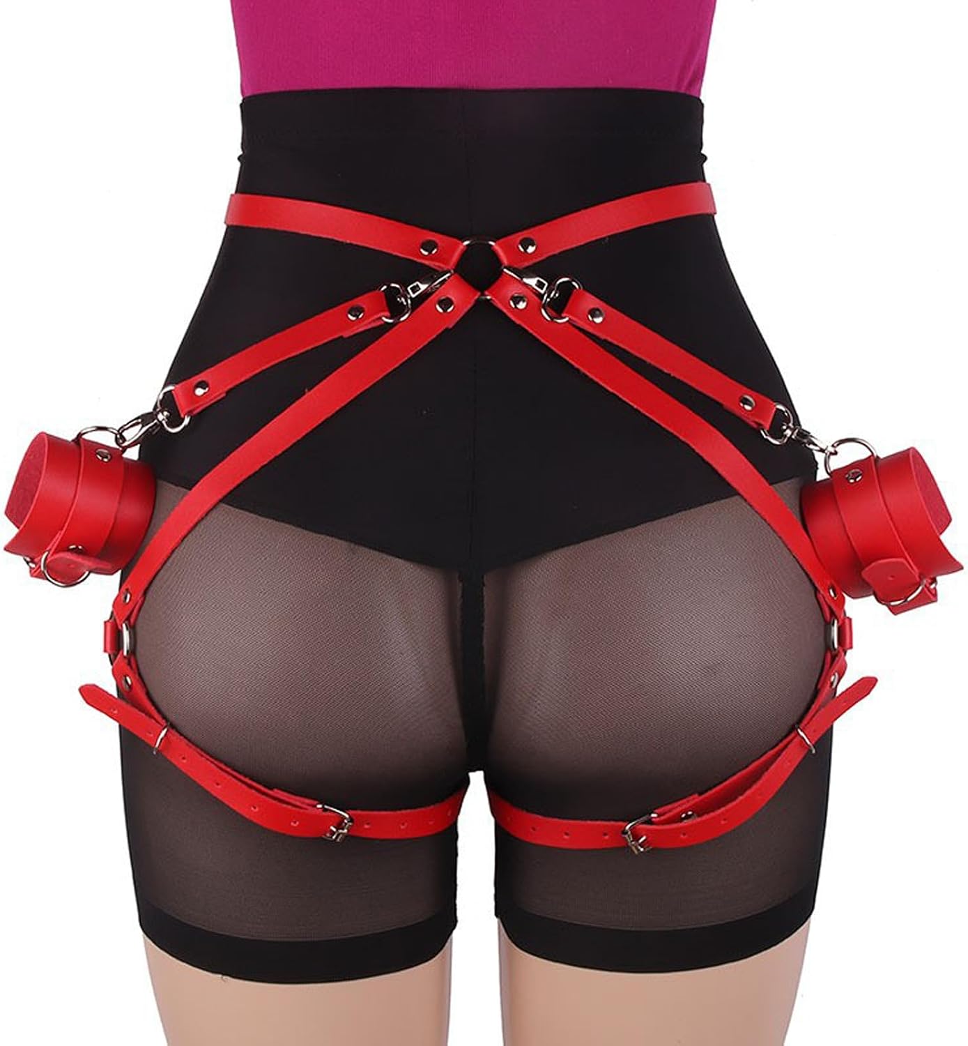 Women's Gothic Leather Waist & Thigh Restraint Set with Handcuffs, Adjustable Punk Body Harness, Sexy Leg Garter Belt Role-Play Costume, Stocking Stuffers Gifts for Couples Adults Wives
