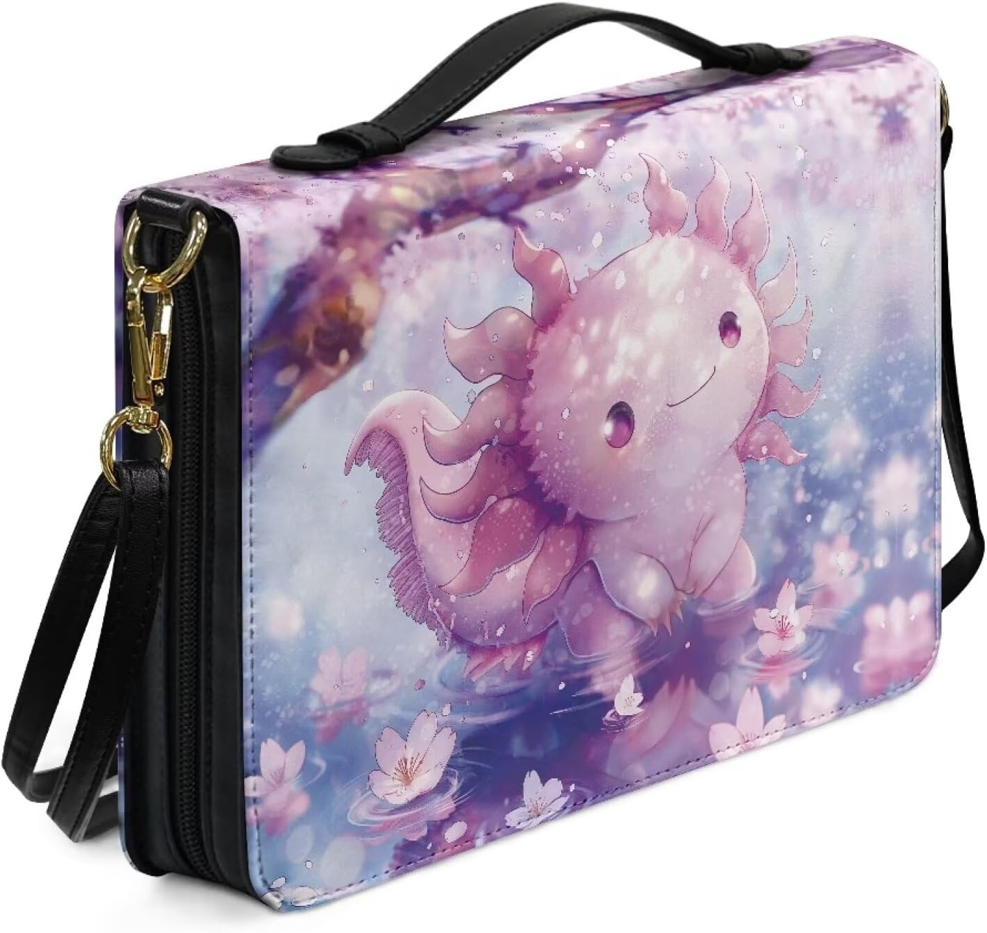 Cherry Blossom Axolotl Leather Bible Cover with Bookmark and Book Fixing Straps Church Study Book Carrier for Standard and 2X-Large Size Study Bible for Church,Travel,Or Daily Use
