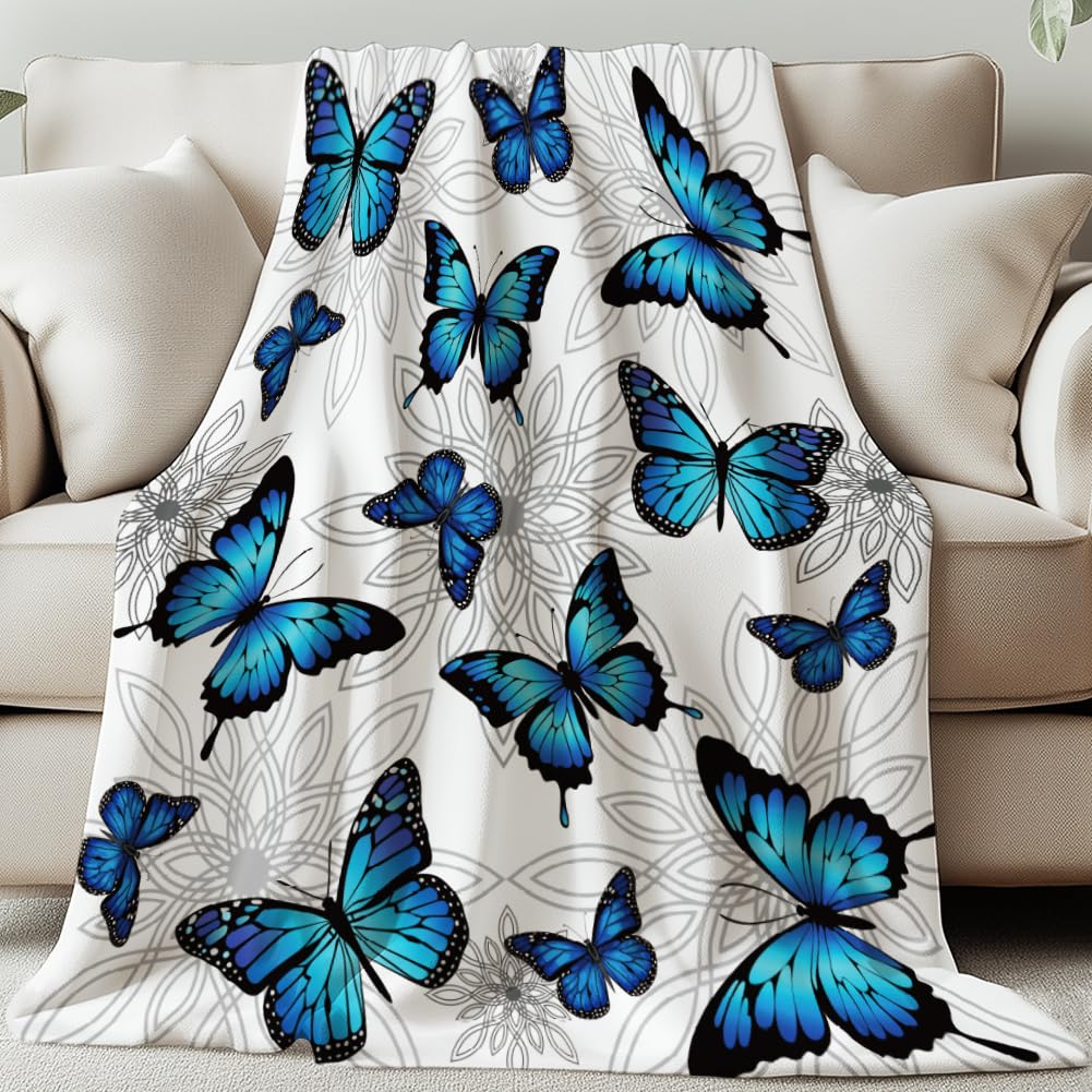 GLOBLELAND Blue Butterflies Throw 59×51 inch Floral Pattern Soft Cozy Flannel Blanket Washable Fuzzy Throw Blanket for Home Office Room Bed Sofa Chair Gift