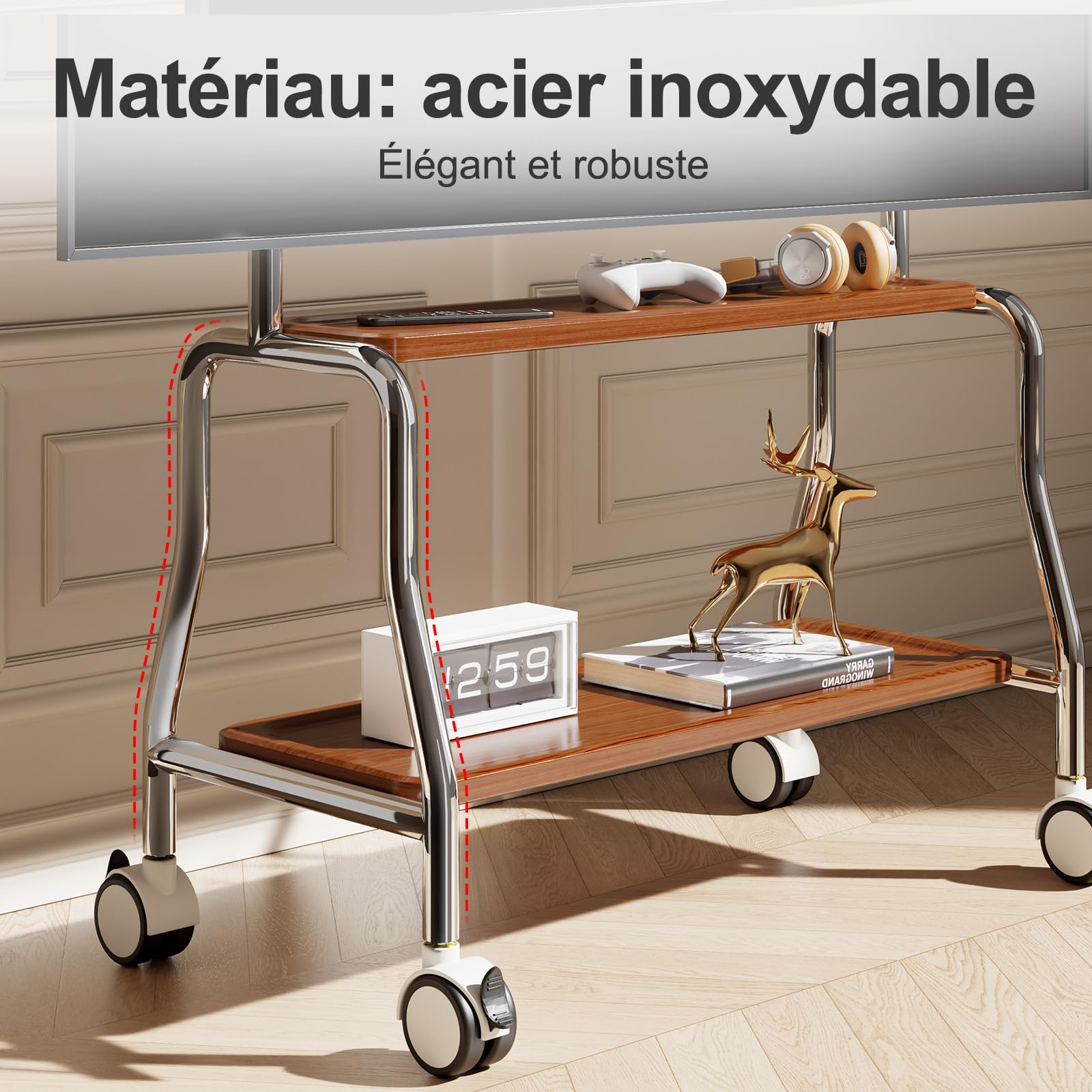 Chevalet de télévision mobile à roulettes pour écrans plats LCD LED OLED de 32 à 75 pouces, en acier inoxydable avec roulettes, 50 kg, VESA 600 x 400 mm (étagère de rangement en bois double couche