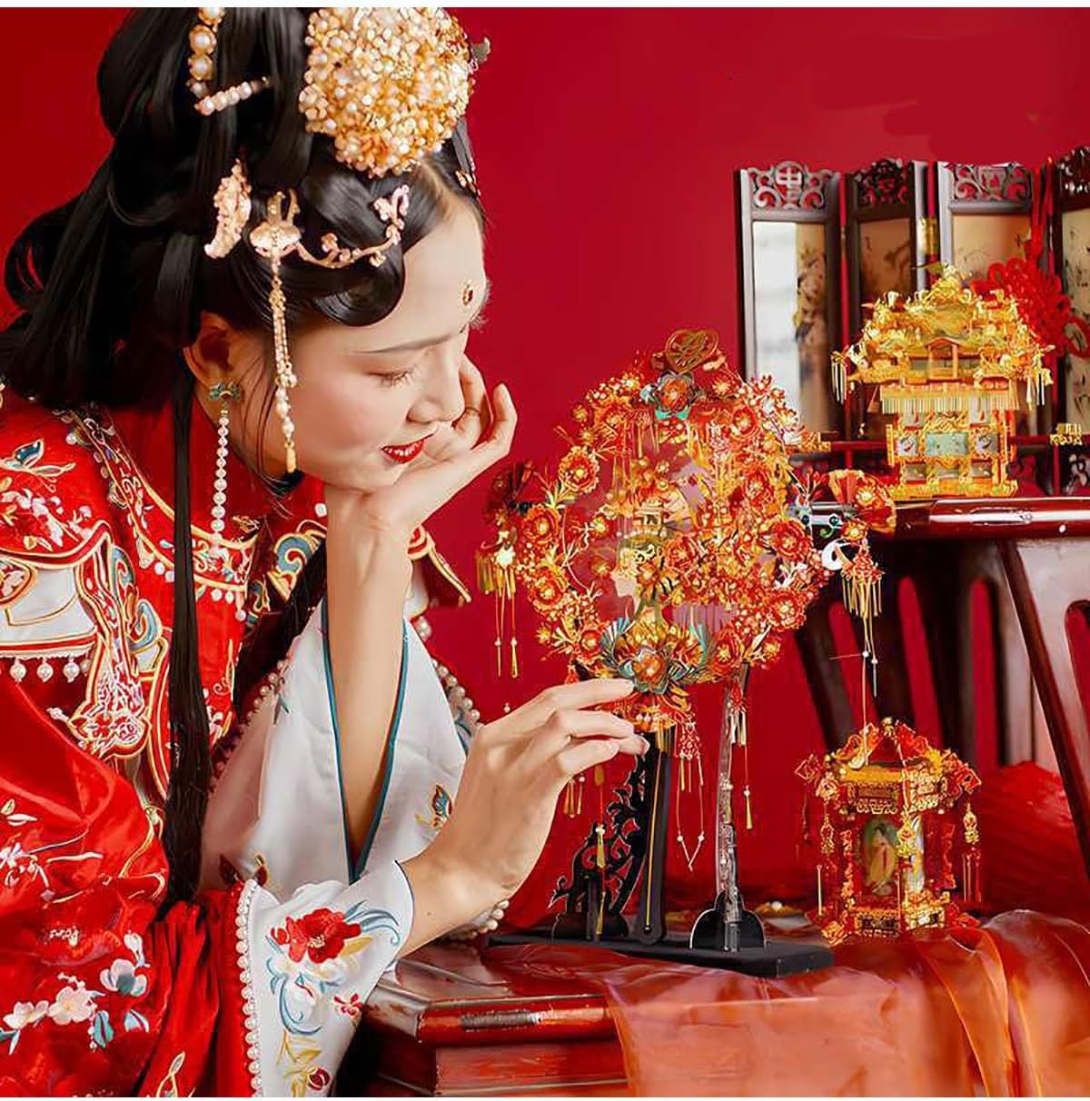 3Dメタルパズル 3DメタルDIYモデルキット、伝統的な中国の結婚式コレクション中国スタイル(Wedding Fan)