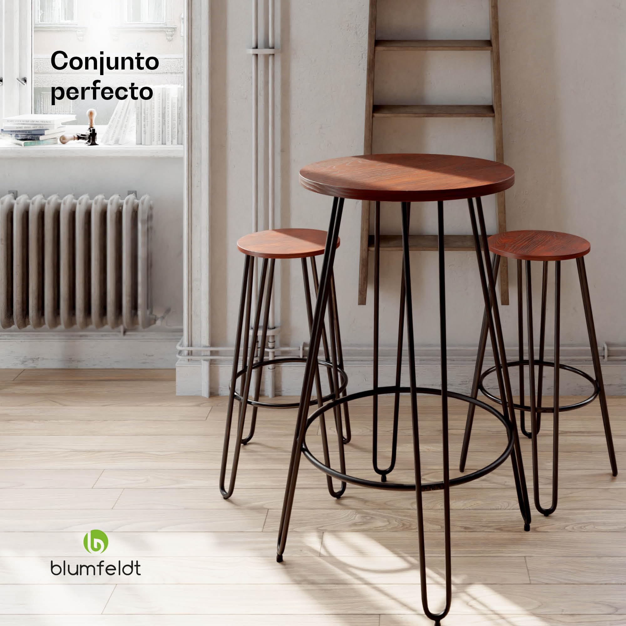 blumfeldt Mesa Bistro, 60cm Madera Caoba, Estilo Industrial, Estructura Acero con reposapiés, Mesa de Bar, Ideal para Cocina & Comedor