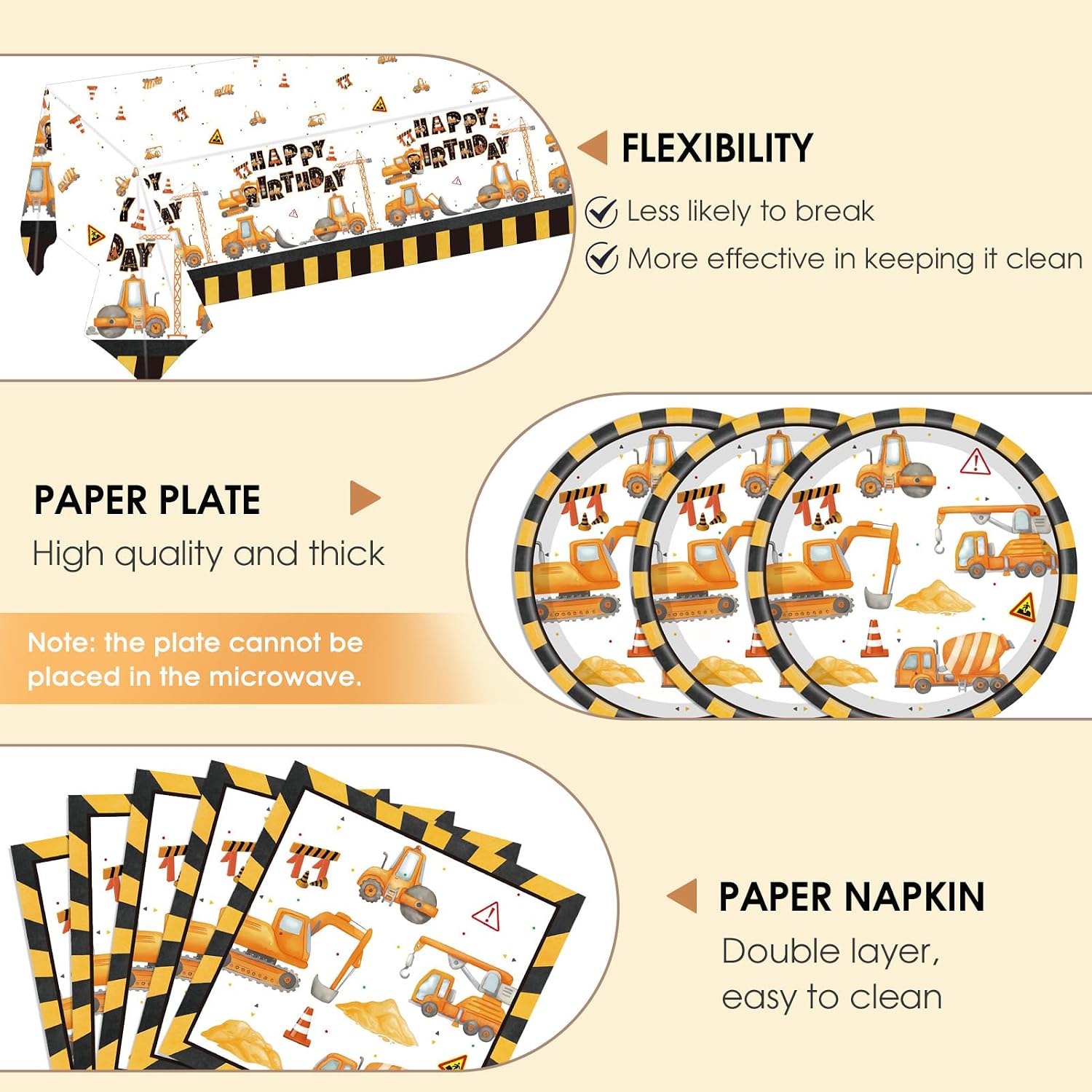 Construction Birthday Party Supplies Construction Excavator Tractor Dump Digger Theme Tableware Include Paper Plates Napkins Tablecloth, for Toddler, Kids, Boys Birthday Party Decorations, Serves 20 image 3