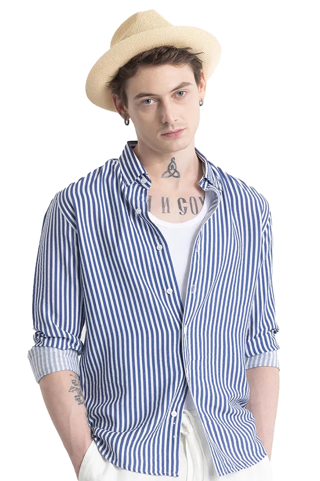 U-Turn Men's Cotton Casual Printed Striped Stylish Latest Shirt for Men