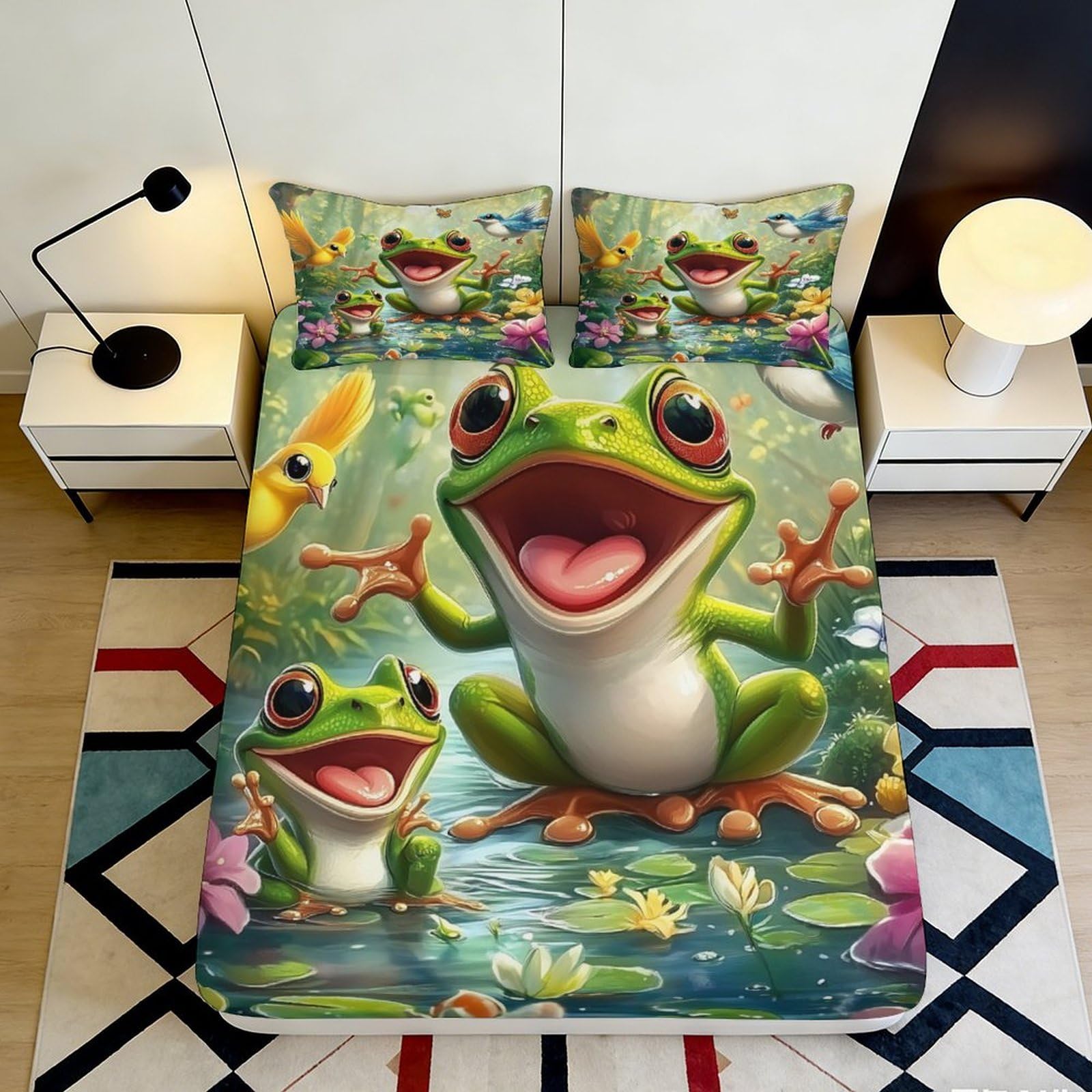 3D Printed Cartoon Frog Fitted Sheet Microfiber Soft Colorful Forest Pond Bed Cover for Bedroom Dorm Mattress Protection Decor 90x200x25cm