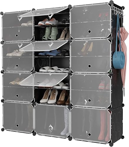 Tangkula Organizador de zapatos de 48 pares, armario de almacenamiento de zapatos de 12 cubos con estante extraíble, 5 ganchos para colgar, estantes