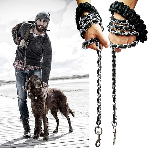 Miniatura 6 de Correa de metal para perro, correa de cadena con collar para mascotas, correas de entrenamiento para caminar, resistente, antimordeduras, gancho 360
