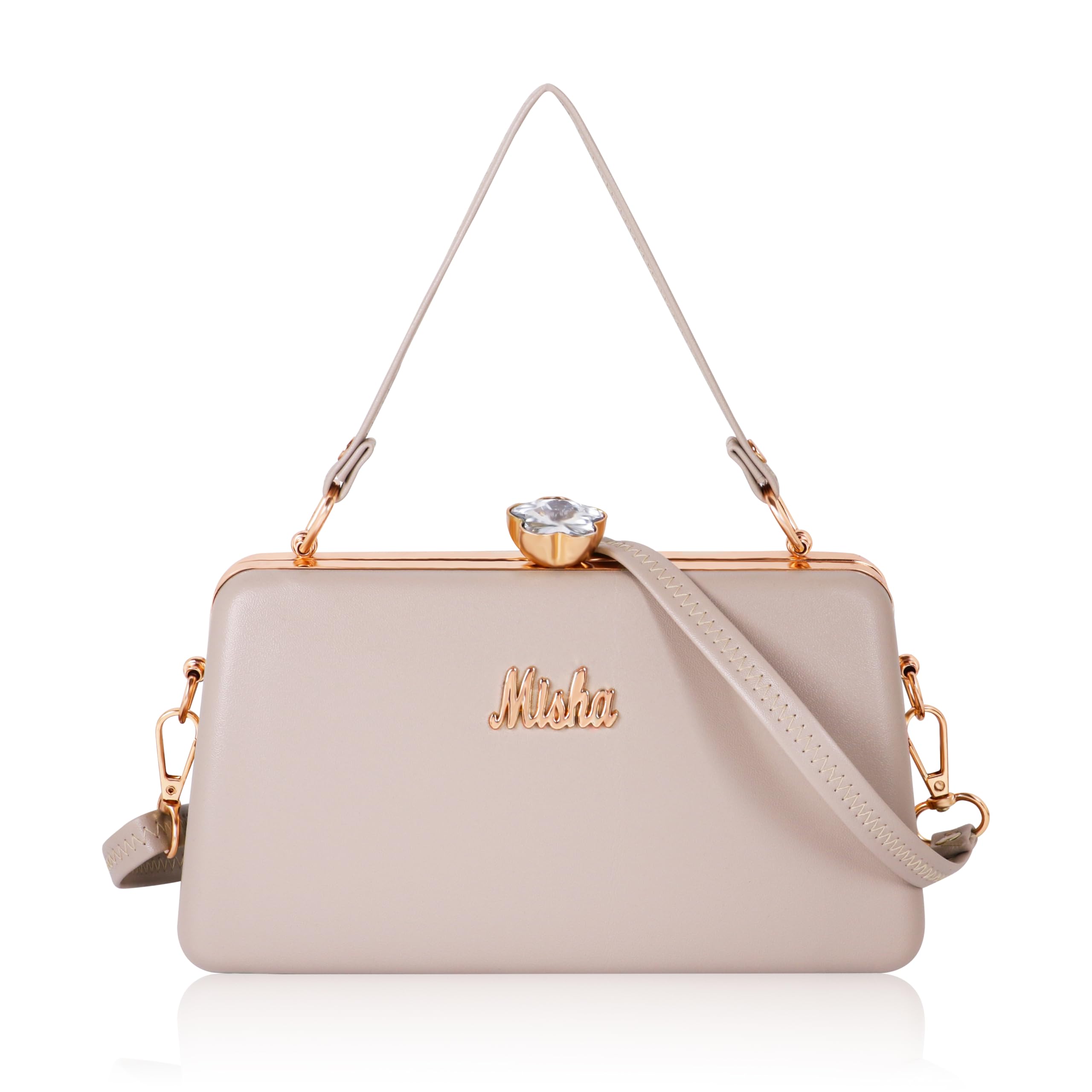 MISHA Dazzling Mirage Clutch, Crossbody Handbag, Rose Gold Hardware, Compact Size (Cream)