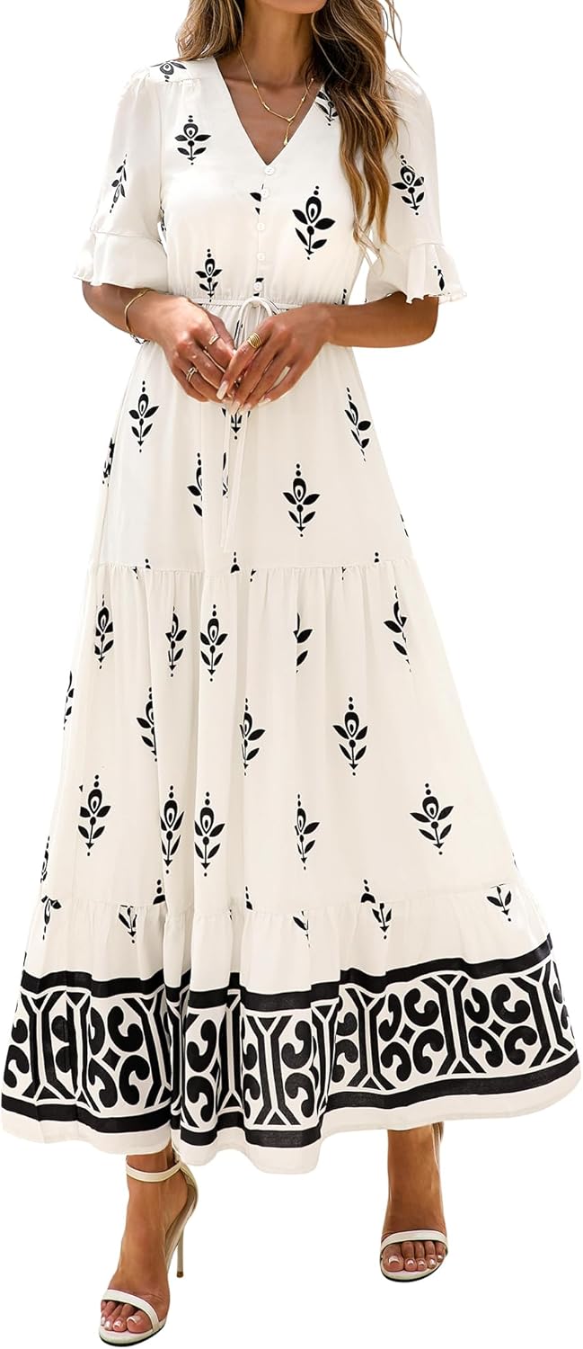 BTFBM Boho Dresses for Women 2026 Summer Spring Casual Floral Short Sleeve V Neck Flowy A-Line Maxi Party Dress Pockets - Image 7