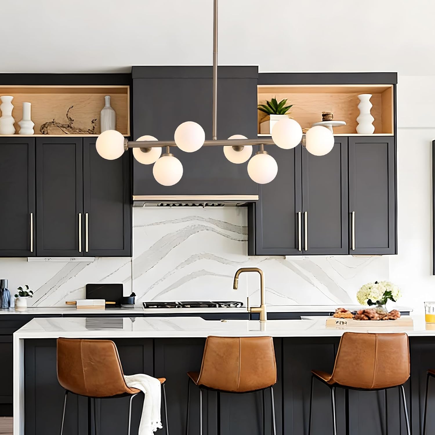 Modern Linear Chandelier, Mid Century Gold Brass Sputnik Pendant Light with White Glass Lampshade,8 Lights Globe Rectangle Chandelier,for Dining Room Kitchen L31.4 xW10.6