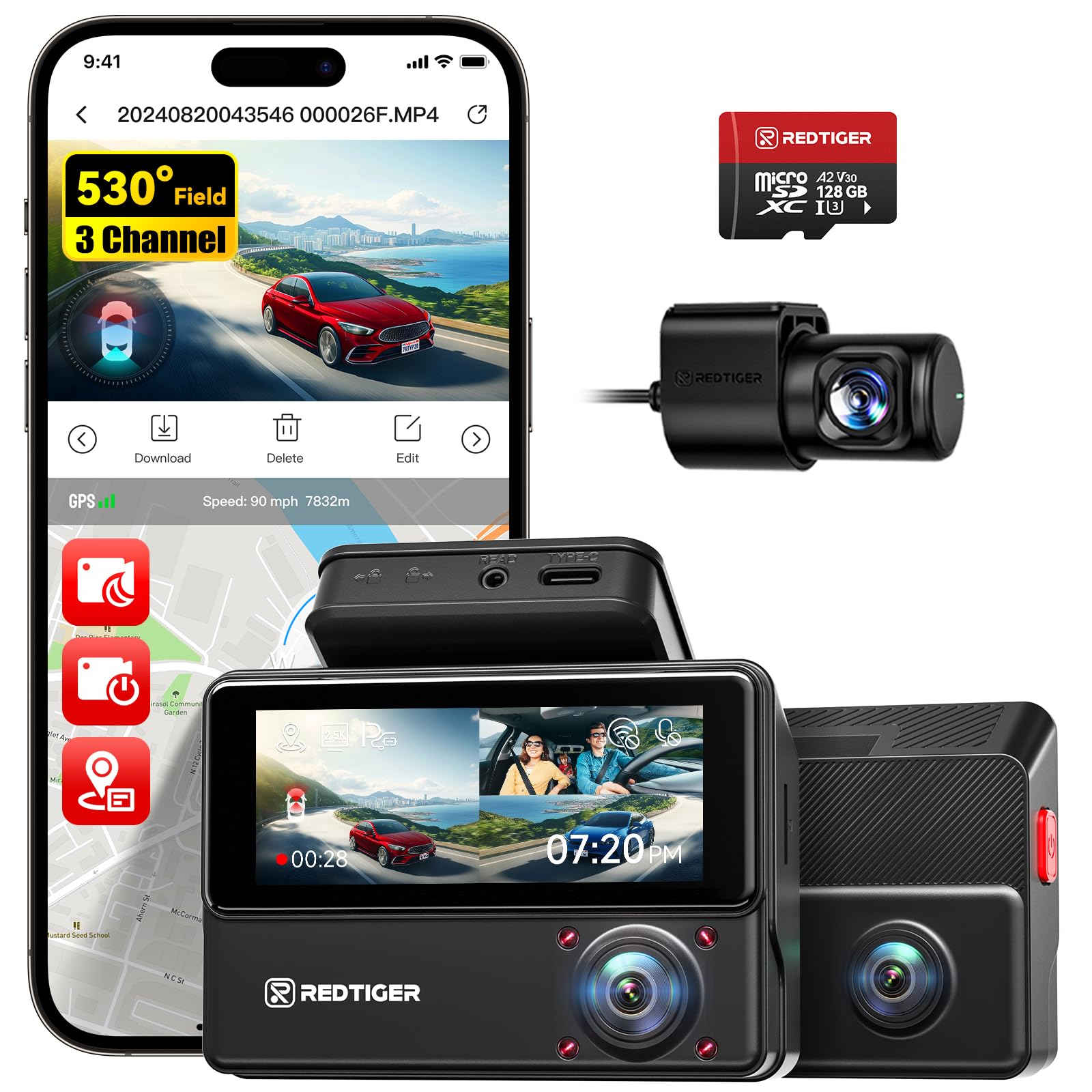 REDTIGER 530° 3 Canales Dashcam Coche 2.5K+2.5K+1080P, 128GB Incluida, WiFi | Visión Nocturna IR, Pantalla Táctil, GPS, Camara Coche Interior, Delantero y Trasero, Modo Aparcamiento 24H (VP20)