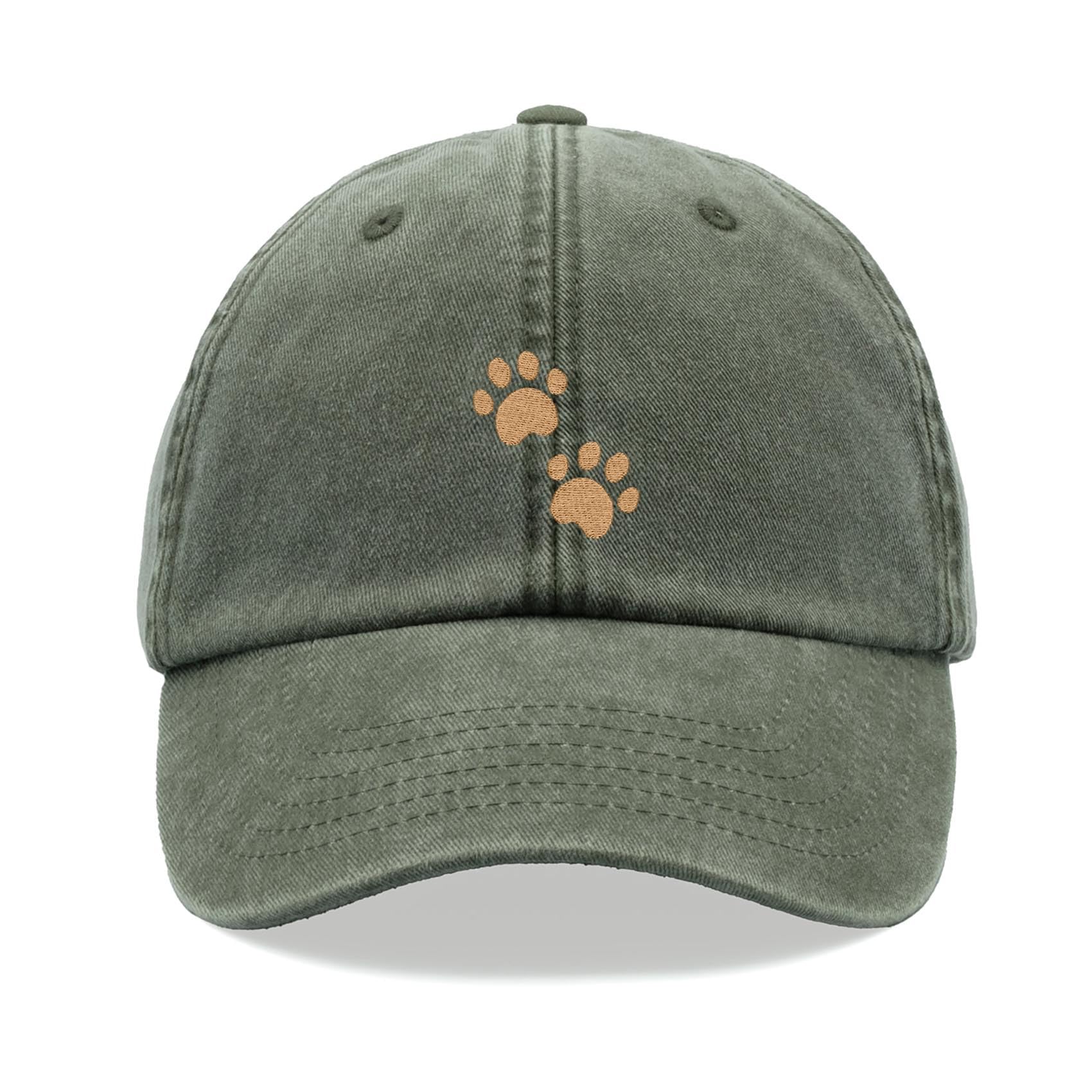 Paw Prints Baseball Cap Vintage Washed Unisex Dad Hat Adjustable Olive