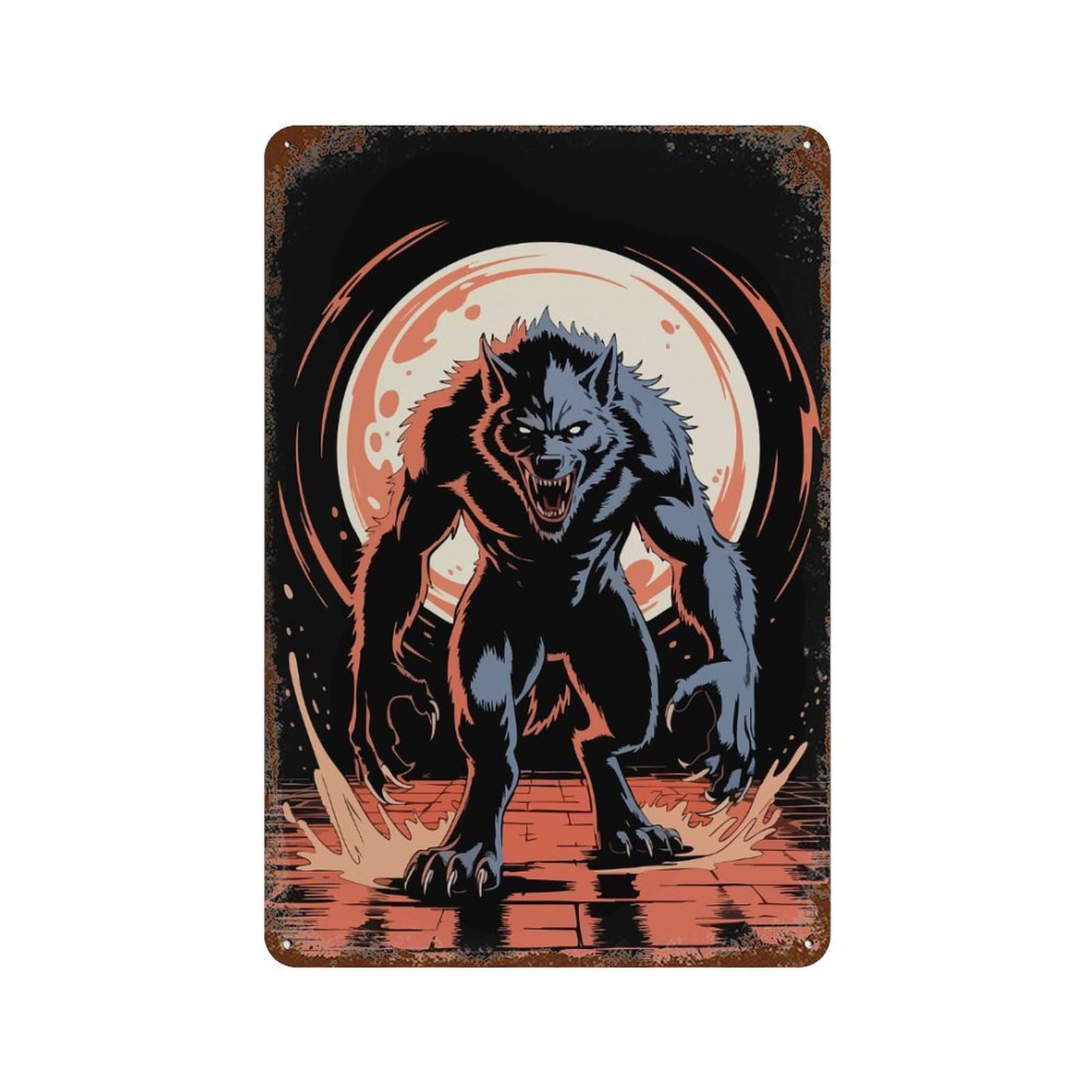 Werewolf Illustration with Full Moon Backdrop Rustic Tin Plaque 11.8"x7.9", for Pub, Kitchen And Man Cave Decor, Vintage Wall Decor