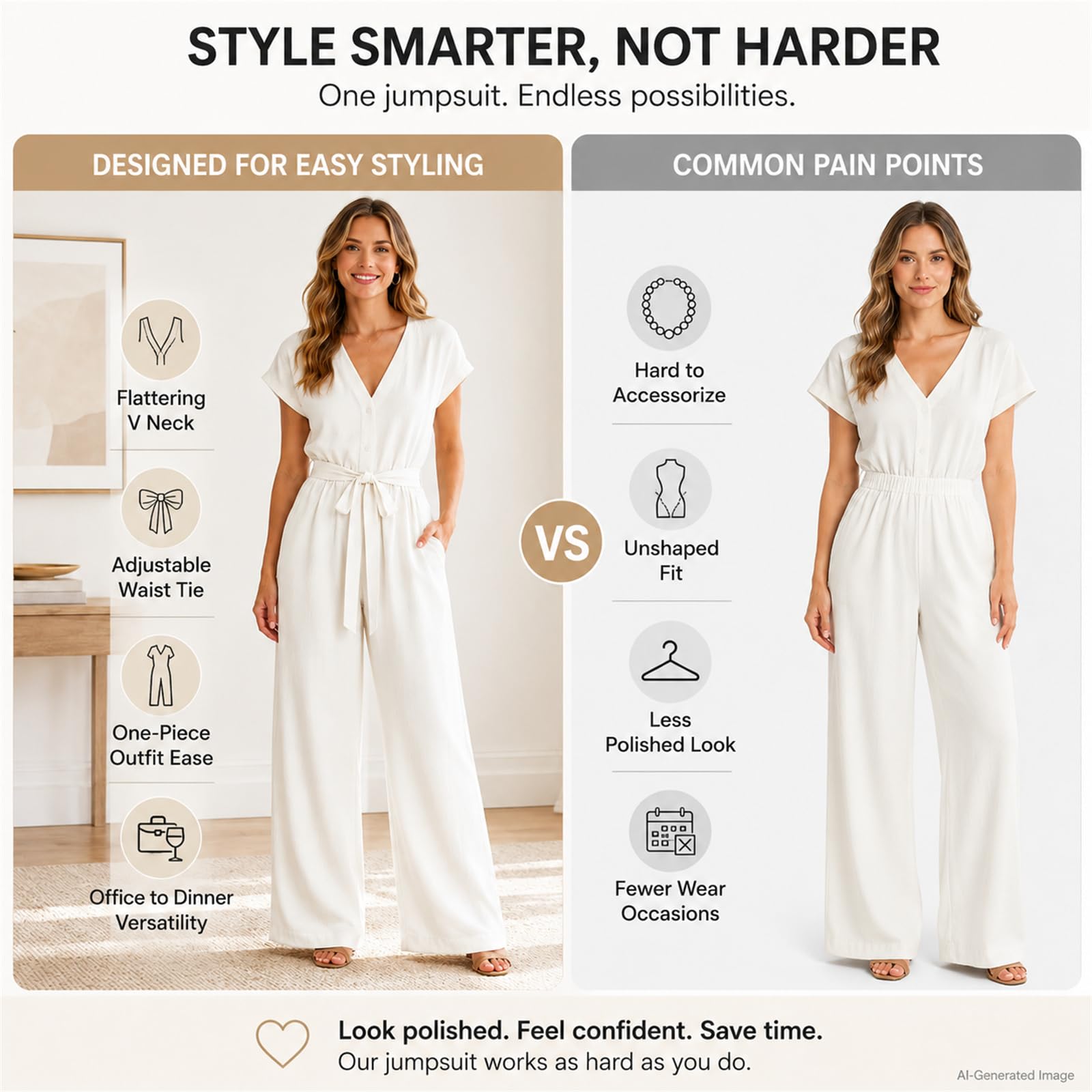 Combinaison pour femme avec col en V, manches courtes, jambes larges