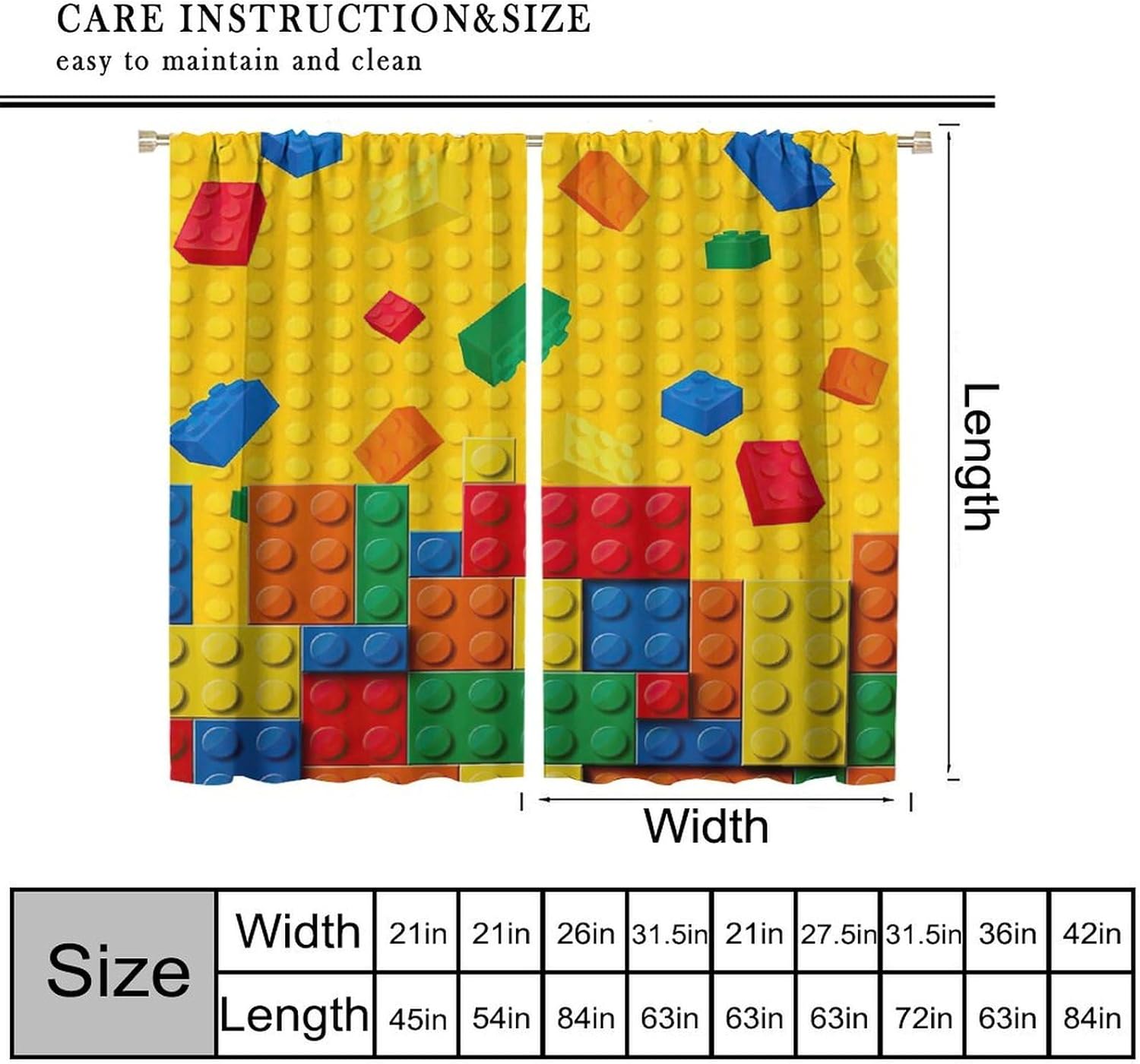Kids Building Blocks Curtains，Boys Girls Teens Abstract Geometric Toy Curtains Toddlers Bedroom Playroom Blue Red Yellow Decor Window Drapes 2 Panel Set, 42"x45"Blackout