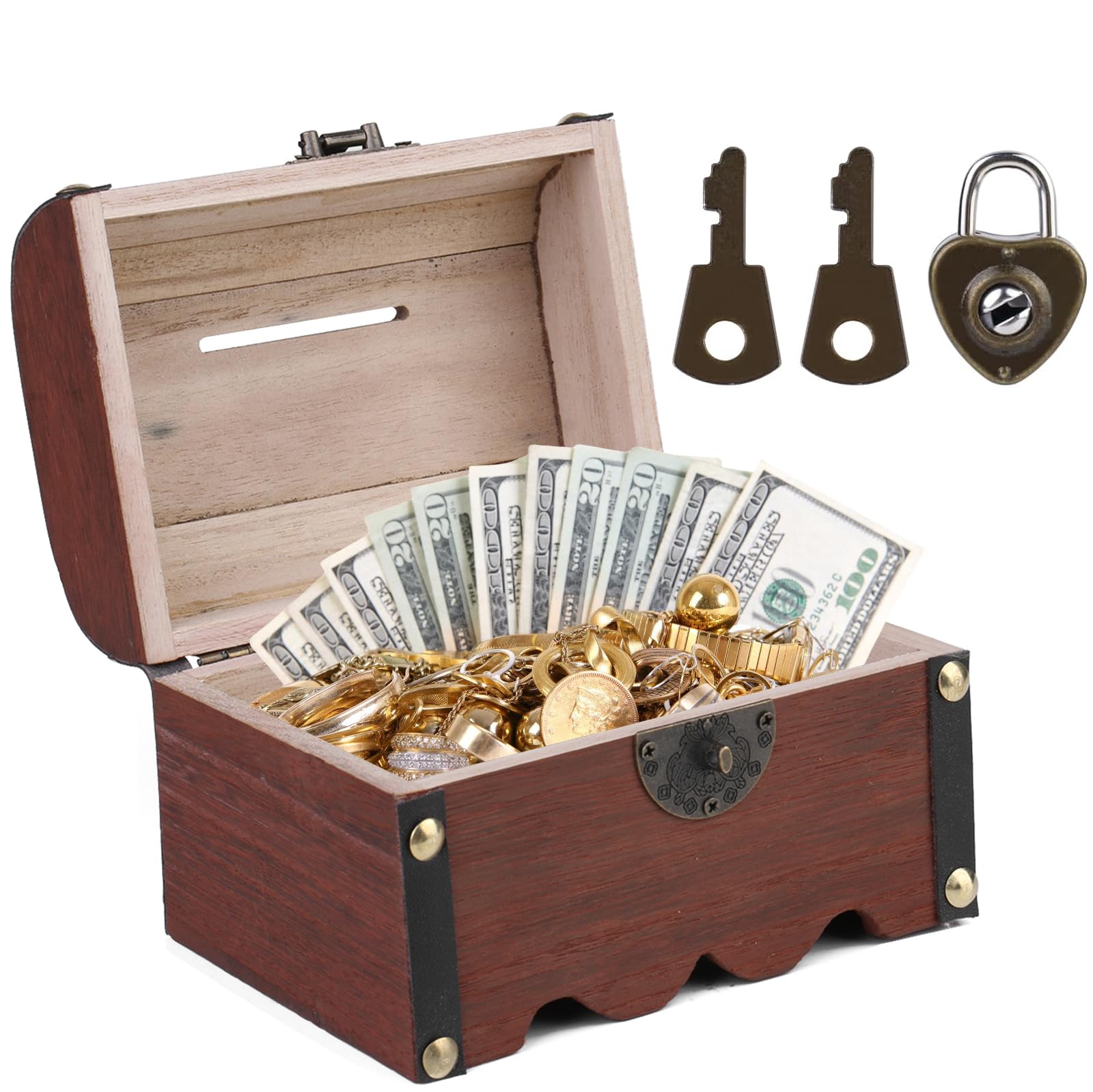 HOMURY Cofre del tesoro de madera con candado: cofre del tesoro vintage pequeño pirata, joyero con tapa, cofre del tesoro infantil, regalo hecho a mano