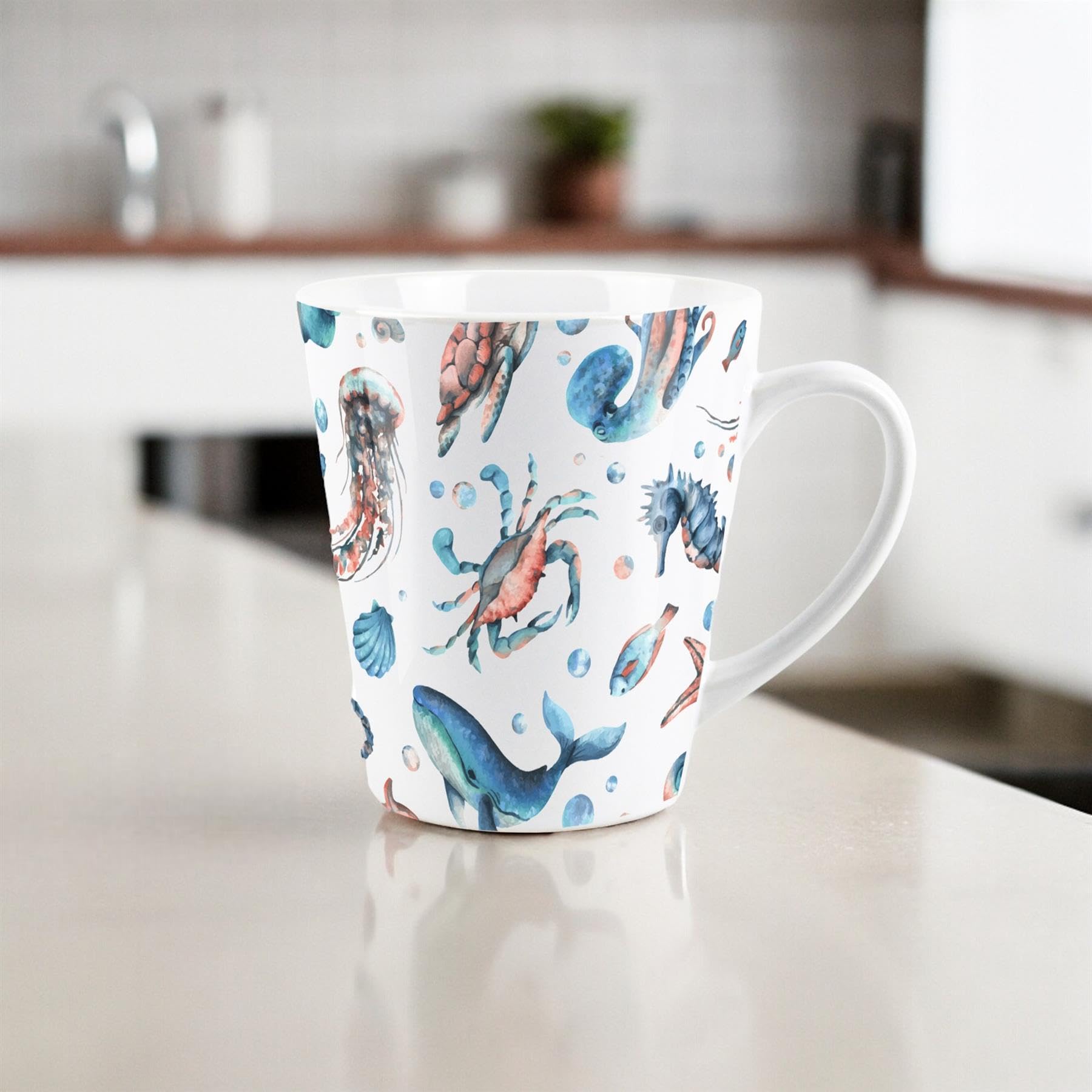 Purely Home Sea Life Latte Mug - Ocean Themed Whales Seashells Jellyfish - Ceramic Tea/Coffee Present Gift - Image 3