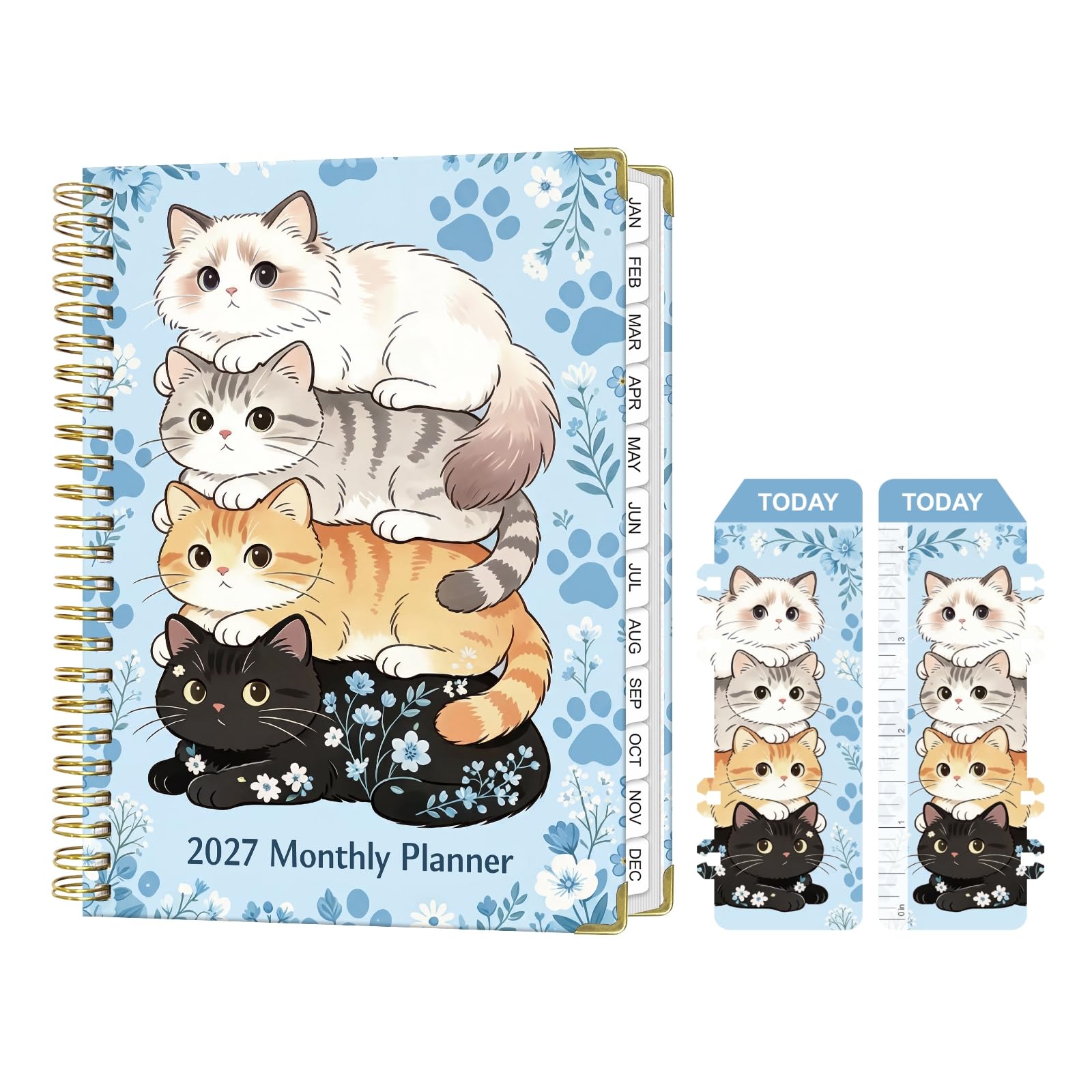 DoReFaSo 2027 Planner – Weekly & Monthly Planner 2027, Jan. 2027 – Dec. 2027,A5 (6.3" x 8.4") with Colorful Tabs, Hard Cover, Thick Paper, Twin-Wire Binding, Back Pocket, To-Do & Notes (Four Cats)