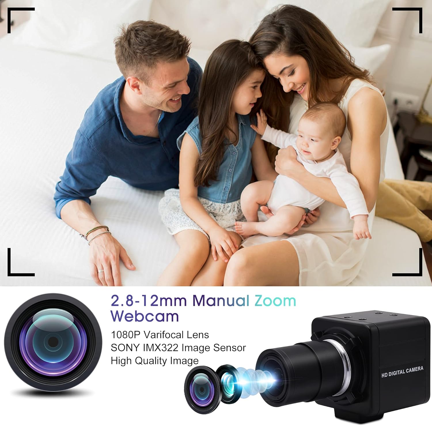 1080P USB Camera with Microphone Manual Zoom 2.8-12mm Webcam Variable Focus PC Camera H.264 Mini UVC USB2.0 USB with Camera for Computer Audio Video Close-up Camera Varifocal Lens Web Camera