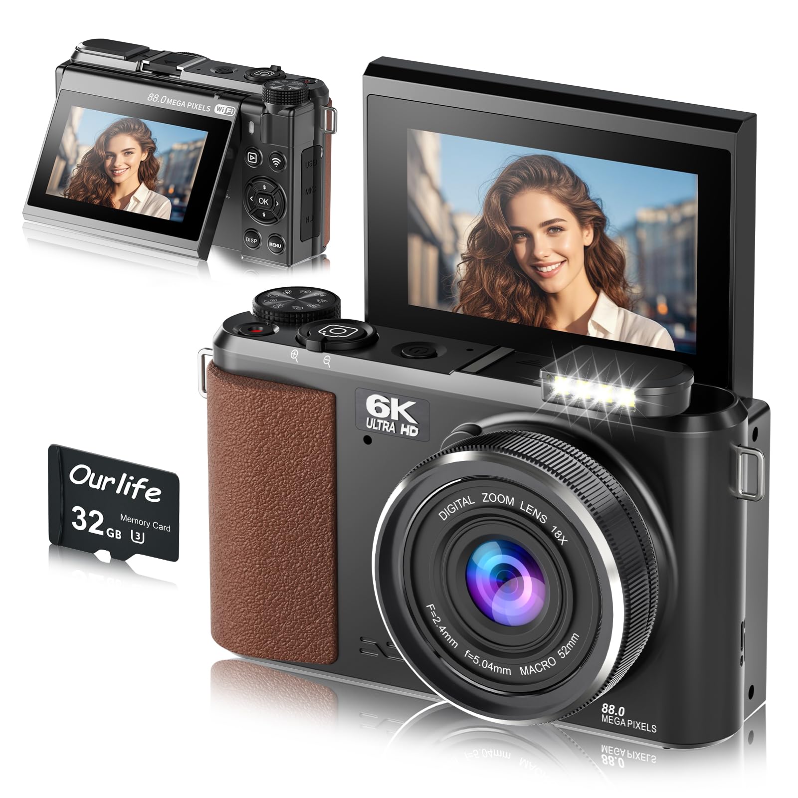 Ourlife 88MP 6K Digital Camera,WiFi Cameras for Photography,Autofocus Camera Vlogging with 3" 180°Flip Screen,Compact Camera Good for Beginners 18X Zoom Flash PoP-up(32GB Card)-image-49