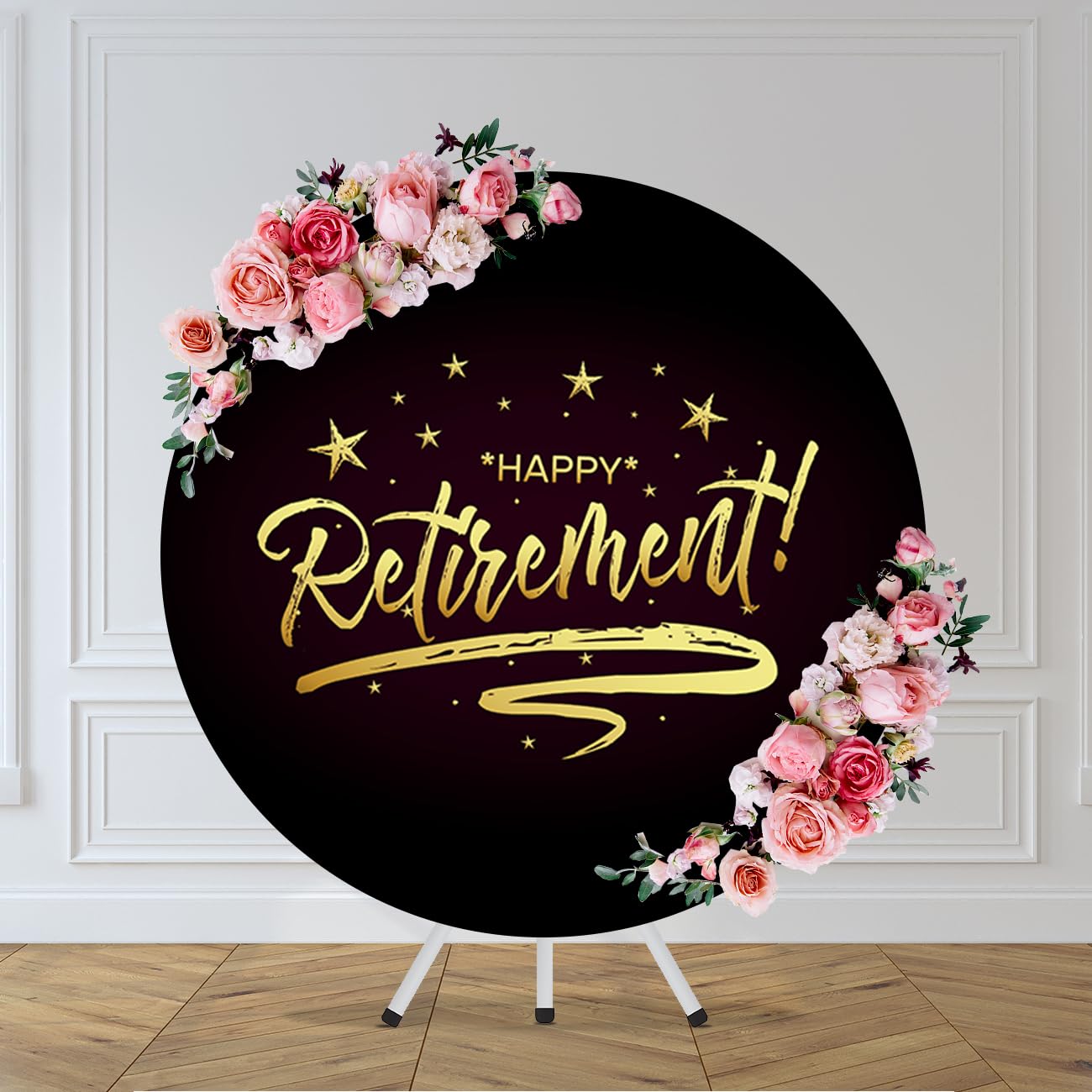 chnywork 7.5x7.5ft Happy Retirement Round Backdrop Cover Golden Shining Stars on Black Round Background Thank You Teacher Happy Retirement Theme Party