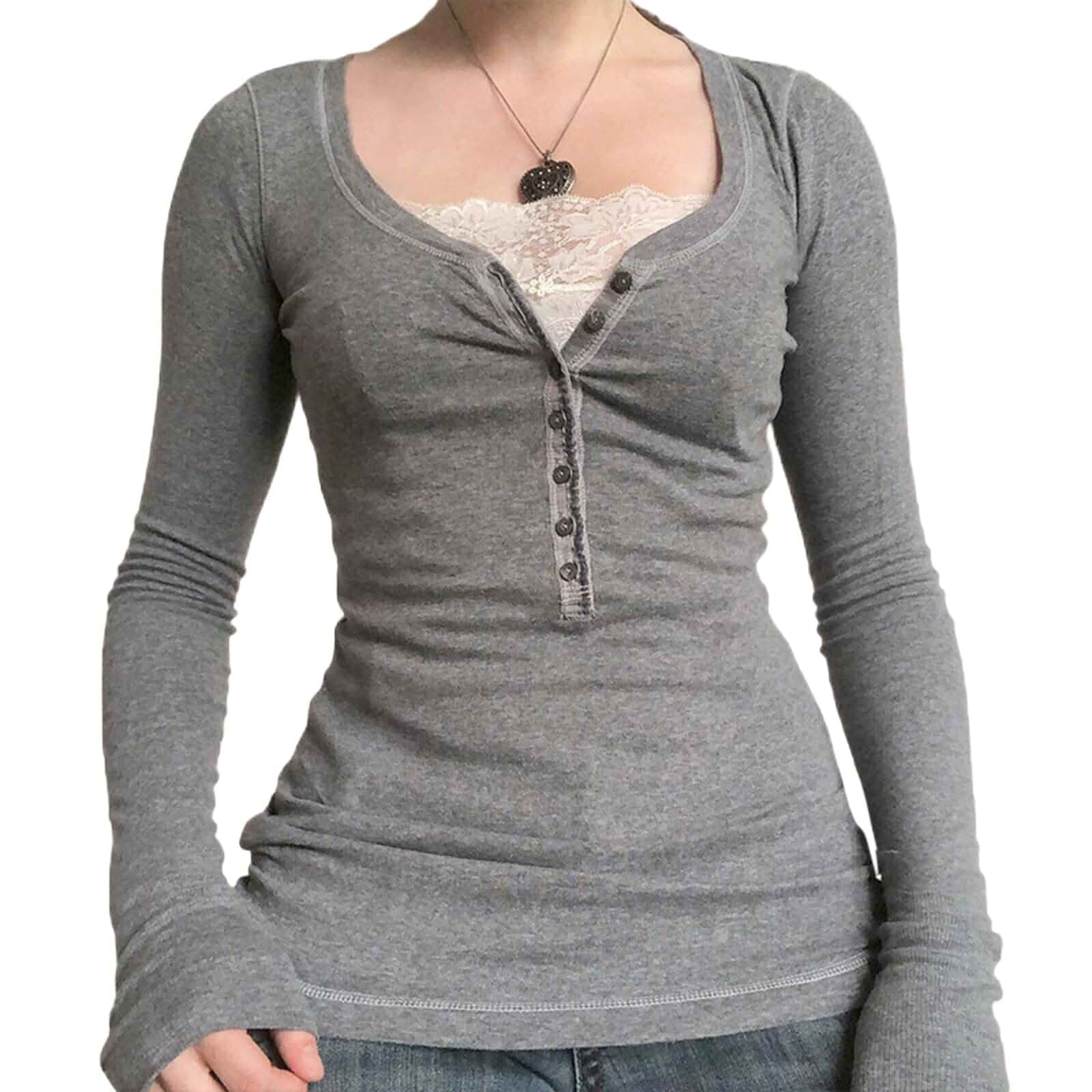 Women Y2k Long Sleeve Shirt Tops Vintage Lace Trim Basic Ribbed Blouse Fairy Grunge Aesthetic Clothes Long Sleeve