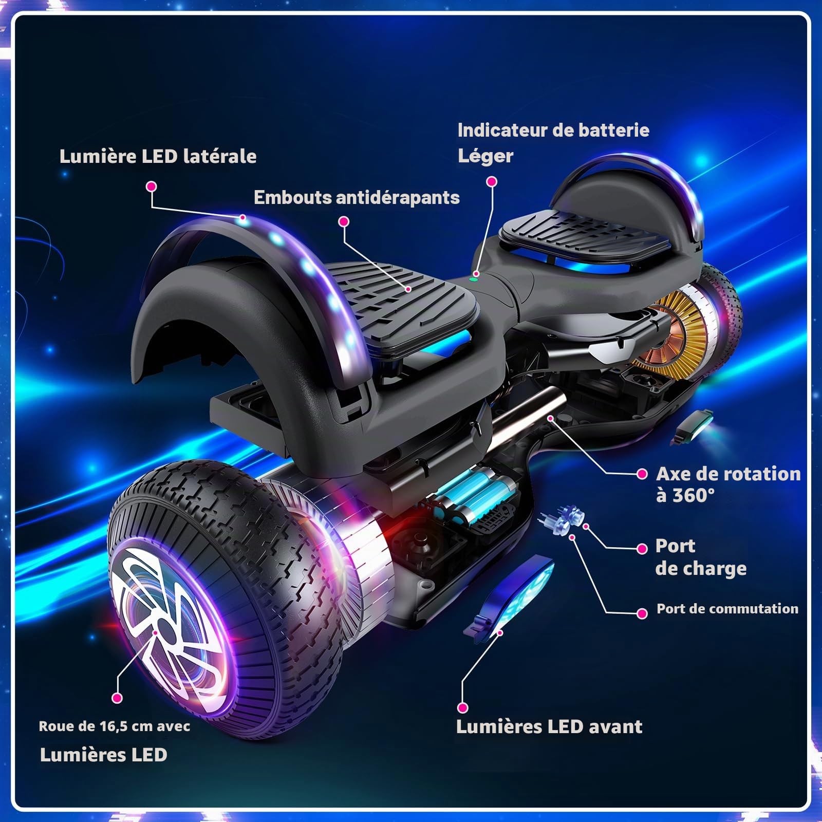 SISIGAD Hoverboard Overboard 6,5" avec LED/Bluetooth, skateboard, hoverboard, cadeau pour enfants