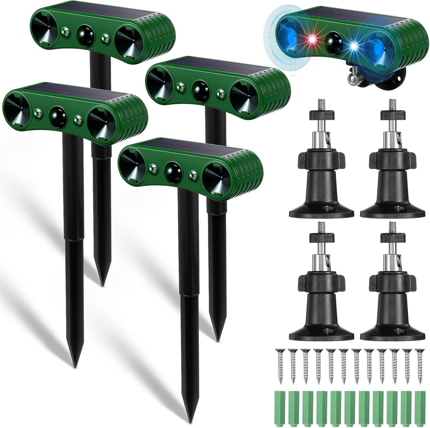 Qualirey 4 Pack Photo voltaic Ultrasonic Animal Repellent Outside Waterproof Nocturnal Animal Deterrent with Adjustable Movement Sensor Alarm Flashing Gentle Repel Raccoon Cat Canine Fox Deer for Yard Backyard Garden
