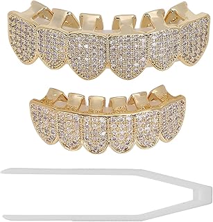 Grillz Zähne, Hip Hop Zähne Polierte Zähne Zahnspange Microset Diamond Braces Bling Zähne Dekoration für Halloween Zahnpflegesets Party Performance (Gold)